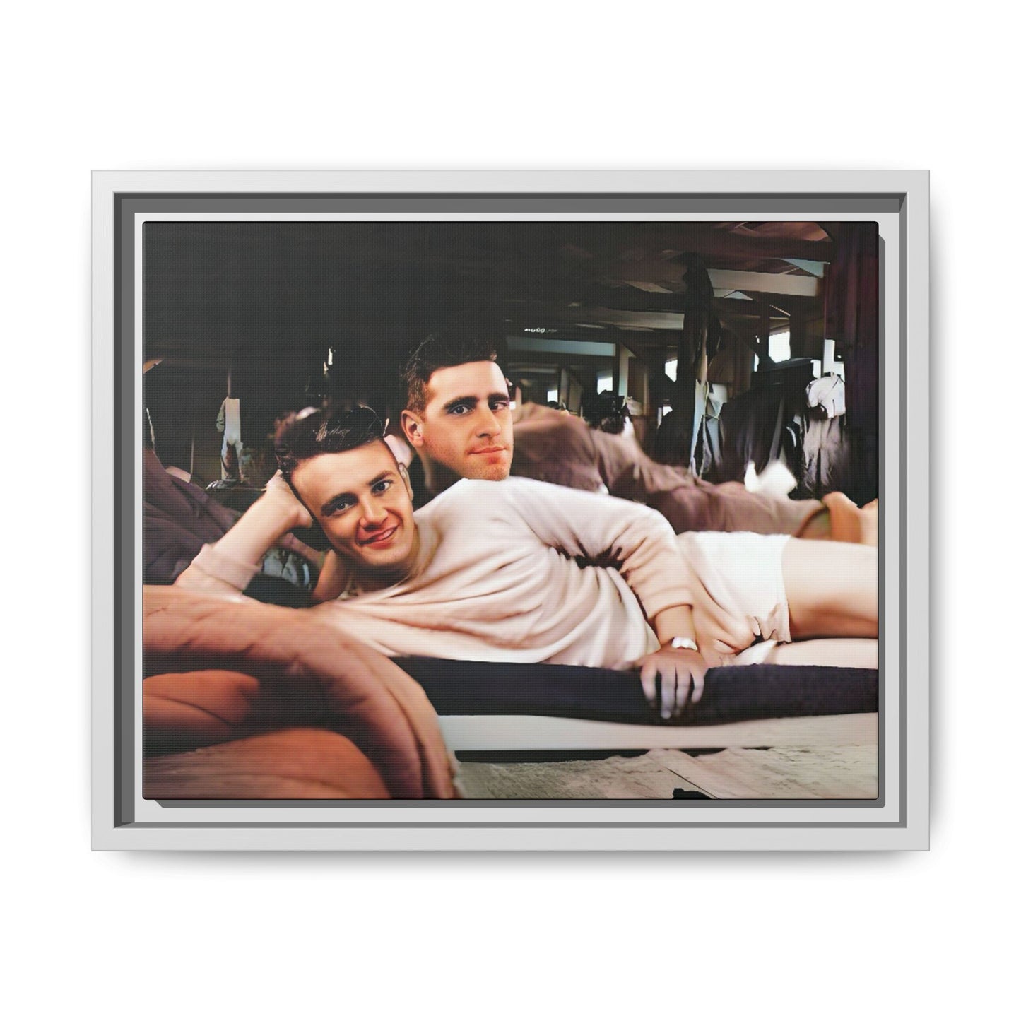 Restored 1940s photo of Jules & Seymour, a gay couple lounging together at Camp Campbell KY, framed matte canvas art.