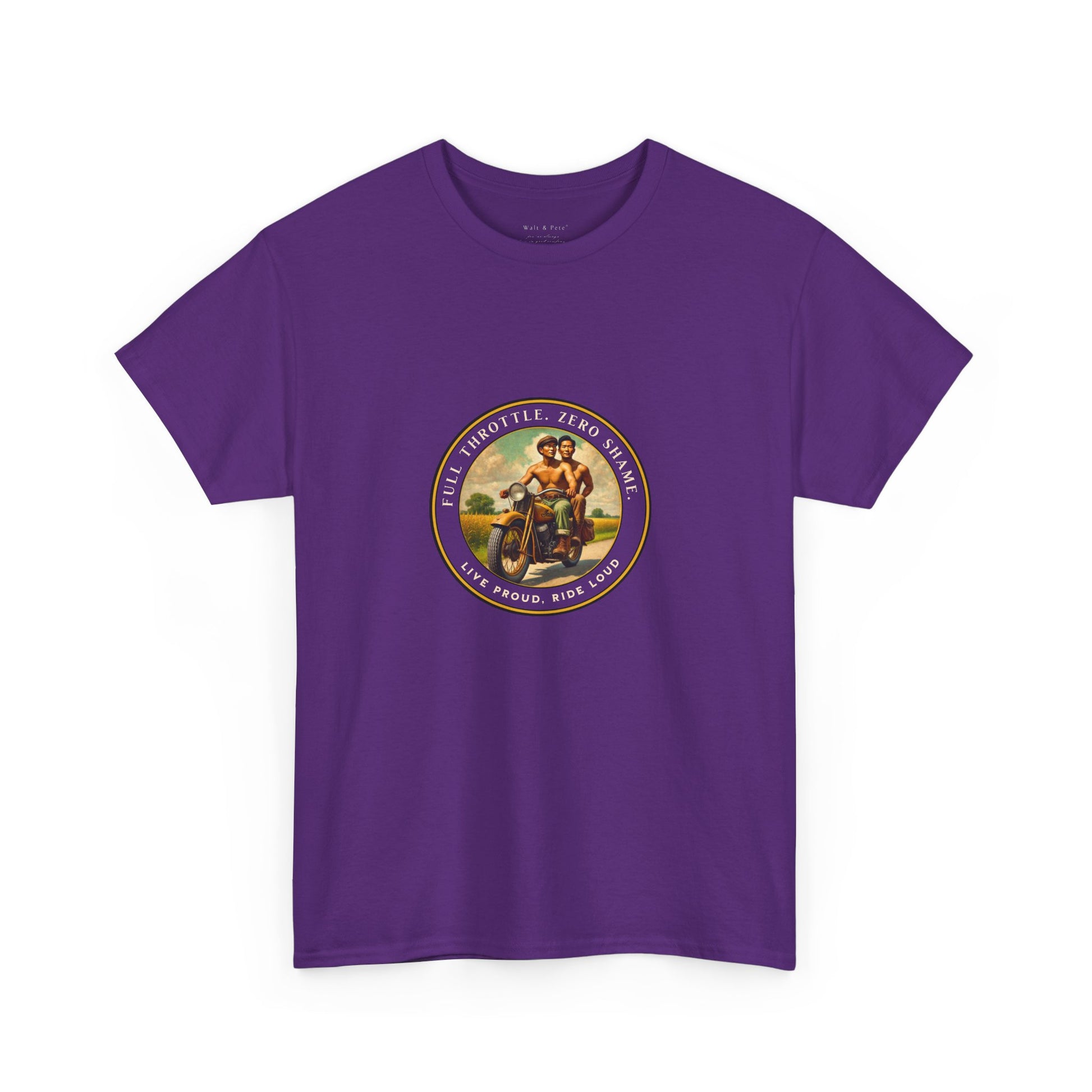  Vintage-inspired LGBTQ+ pride t-shirt featuring a 1930s-style image of two shirtless Asian men riding a motorcycle. With affirmations like “Full Throttle. Zero Shame” and “Live Proud. Ride Loud,” this tee honors queer freedom, Asian pride, and bold love.