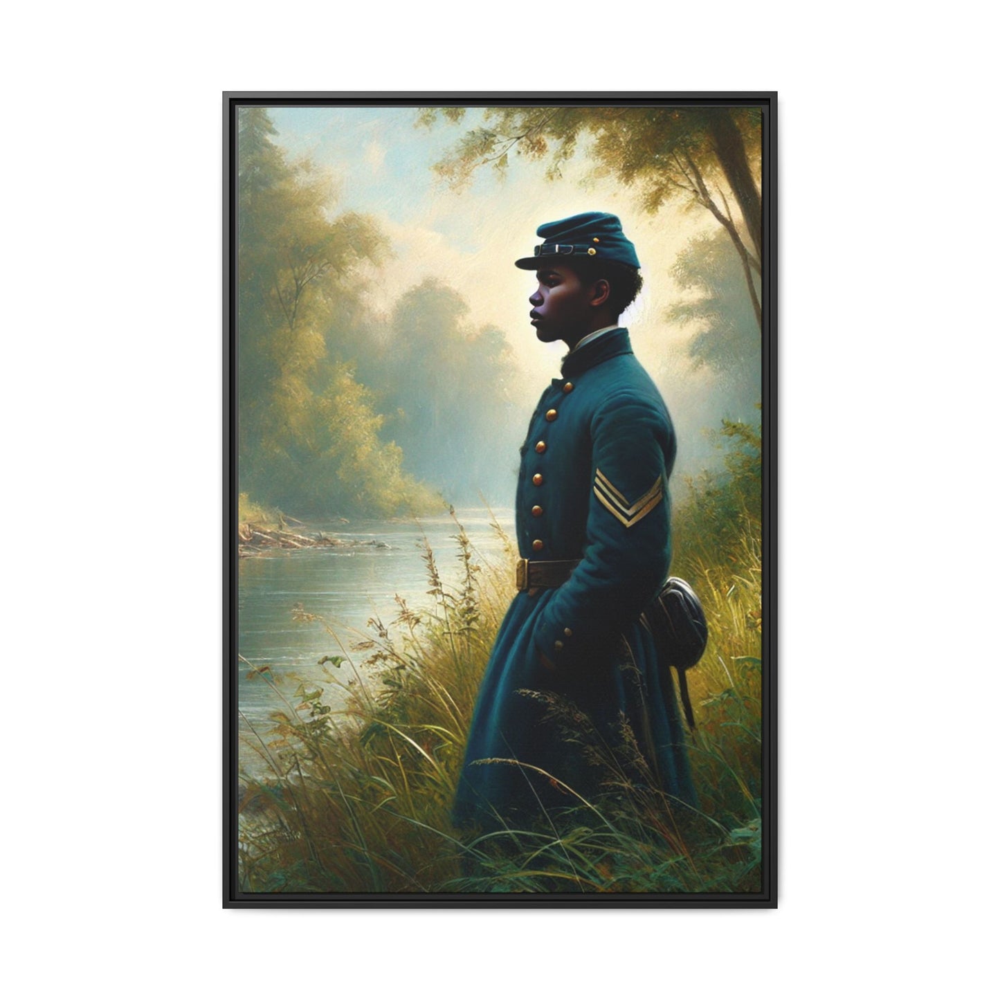 Portrait of an African American Union soldier standing solemnly by a riverside, inspired by Walt Whitman’s Leaves of Grass and Drum-Taps, honoring sacrifice, resilience, and history. Grant Wood Inspired