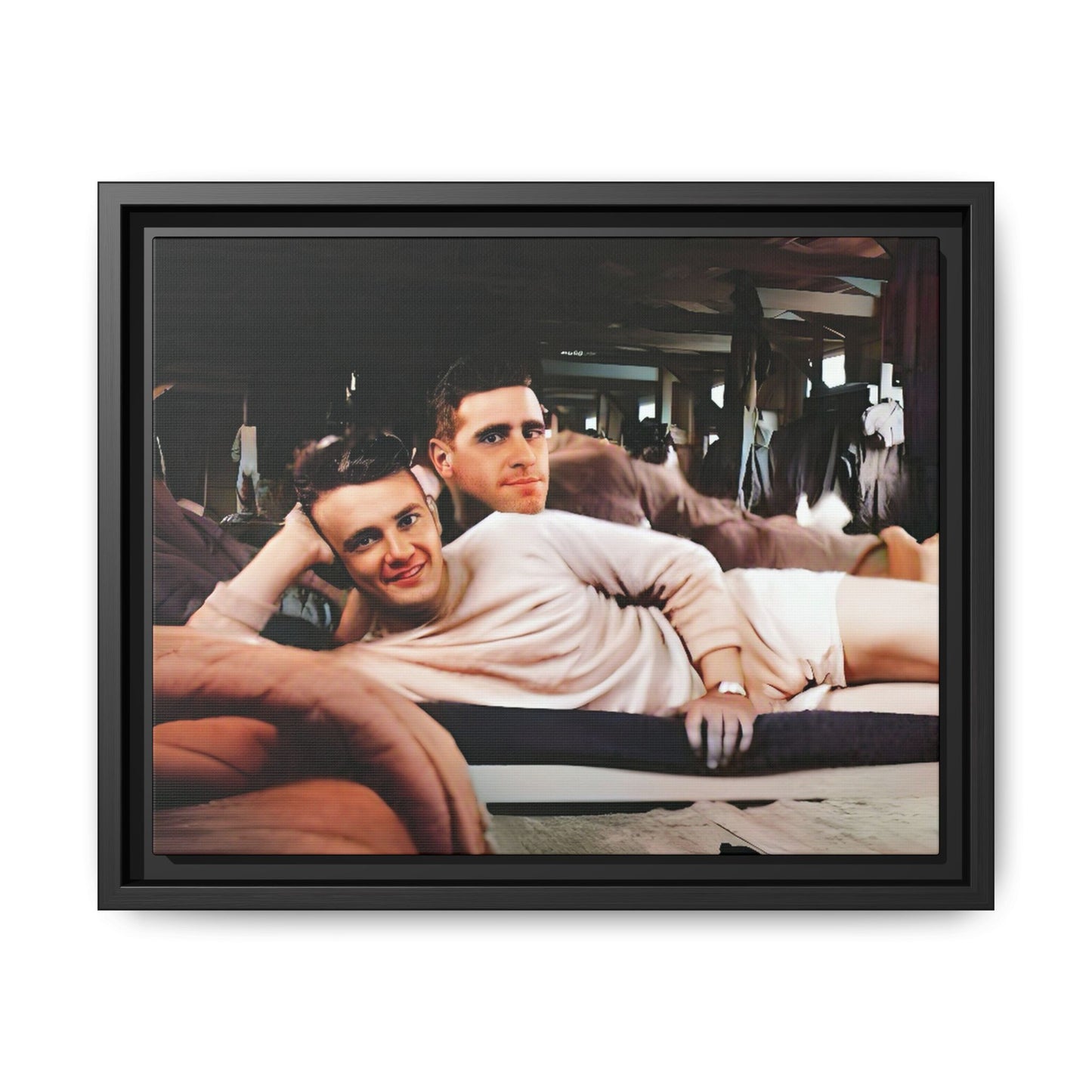 Restored 1940s photo of Jules & Seymour, a gay couple lounging together at Camp Campbell KY, framed matte canvas art.