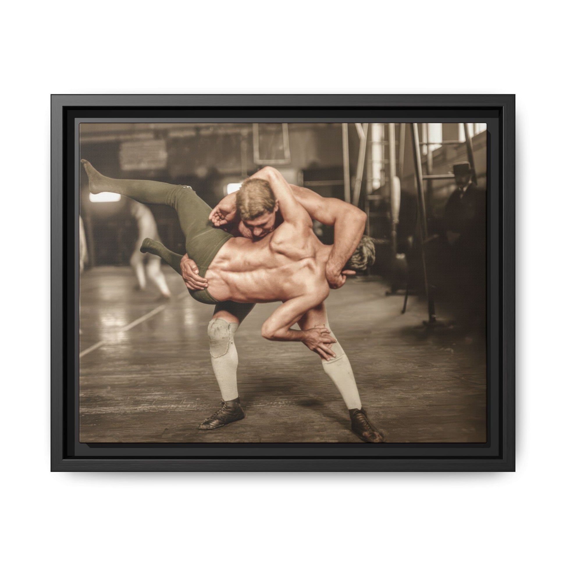 Restored vintage photograph of two wrestlers in a throwing hold inside a gym interior 