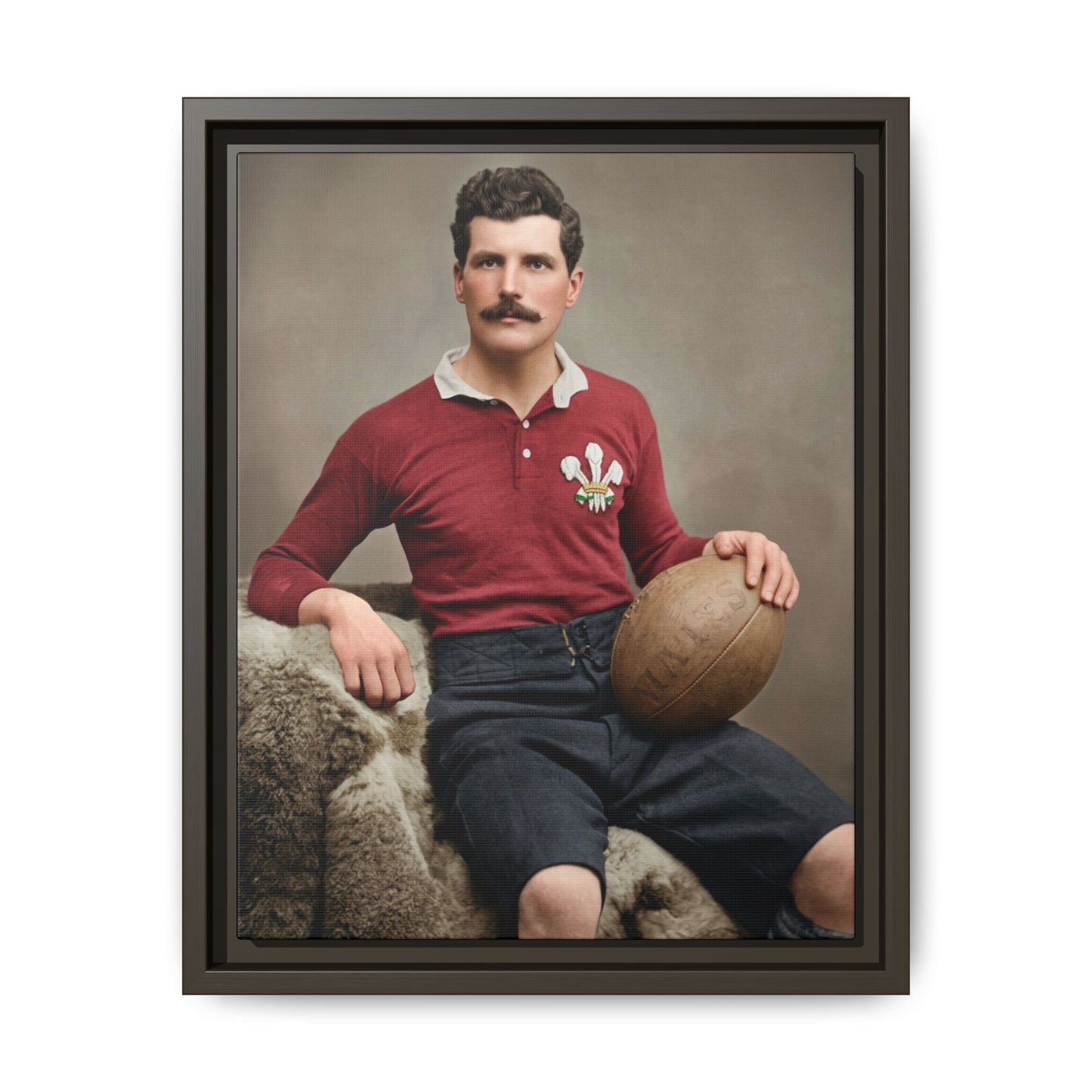 Restored historical rugby portrait featuring a red jersey with three-feathers badge 