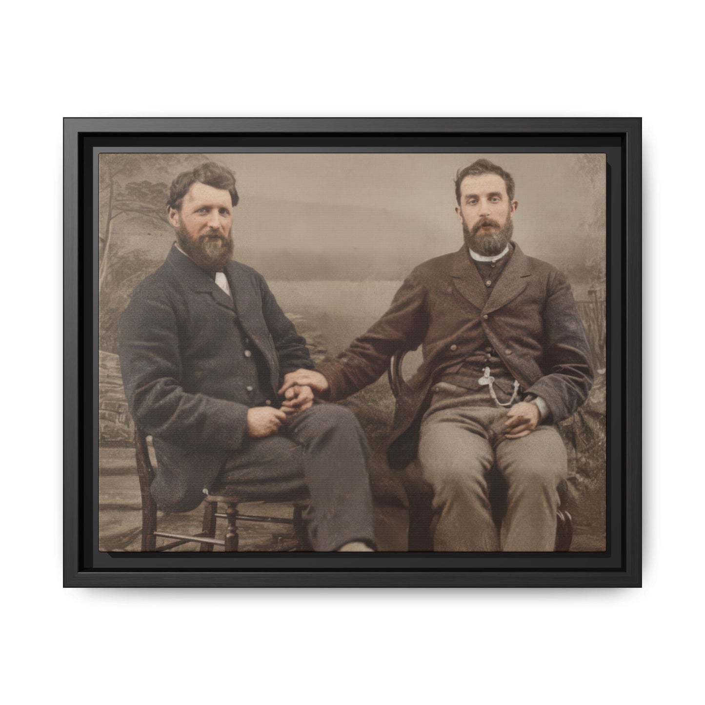 Vintage studio portrait of two bearded men seated before painted backdrop framed canvas wall art