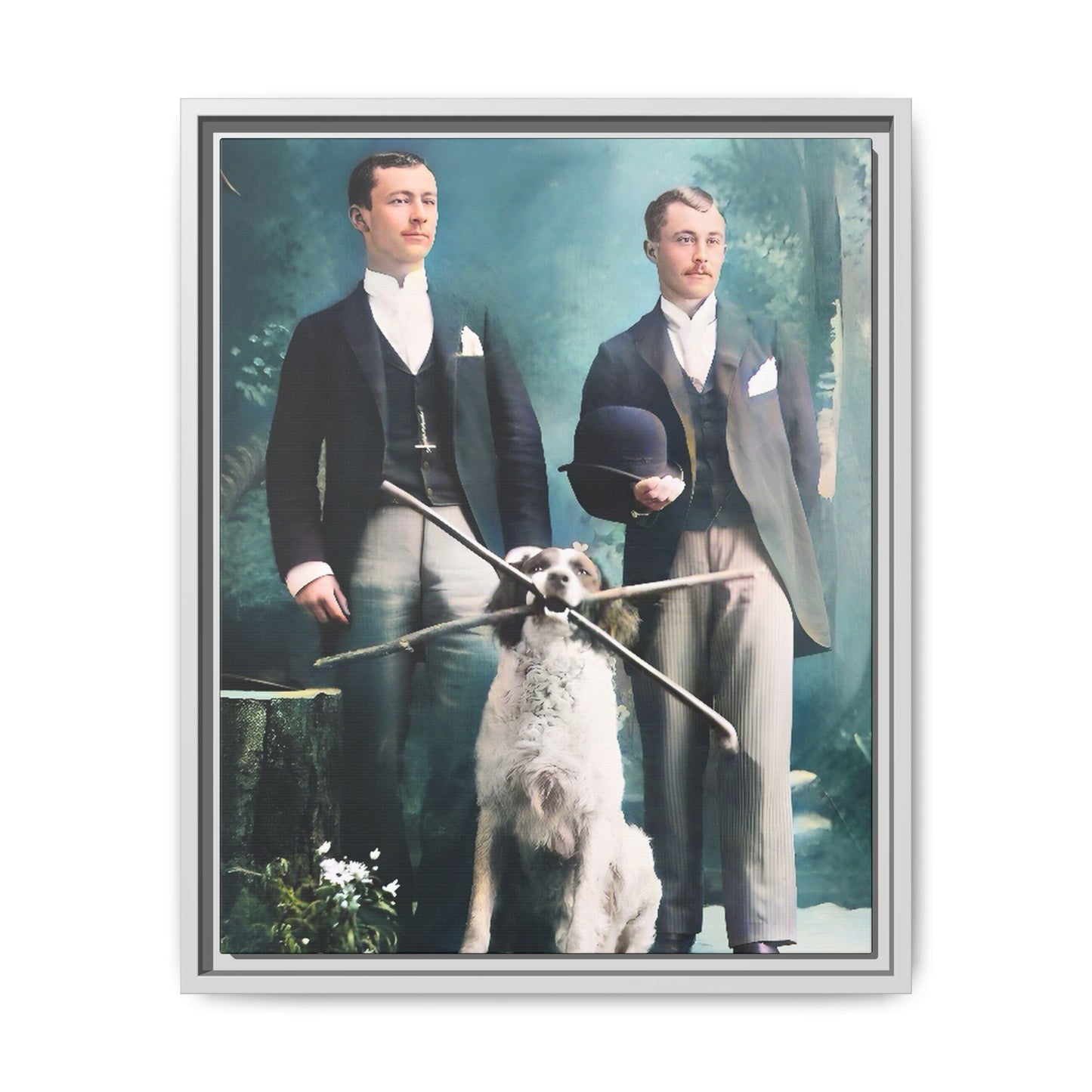 Restored vintage photograph of Patrick and Everett, an Edwardian gay couple with their loyal dog, taken in early 1900s Frankfort, Kentucky. Framed matte canvas print celebrating LGBTQ+ history, love, and companionship.