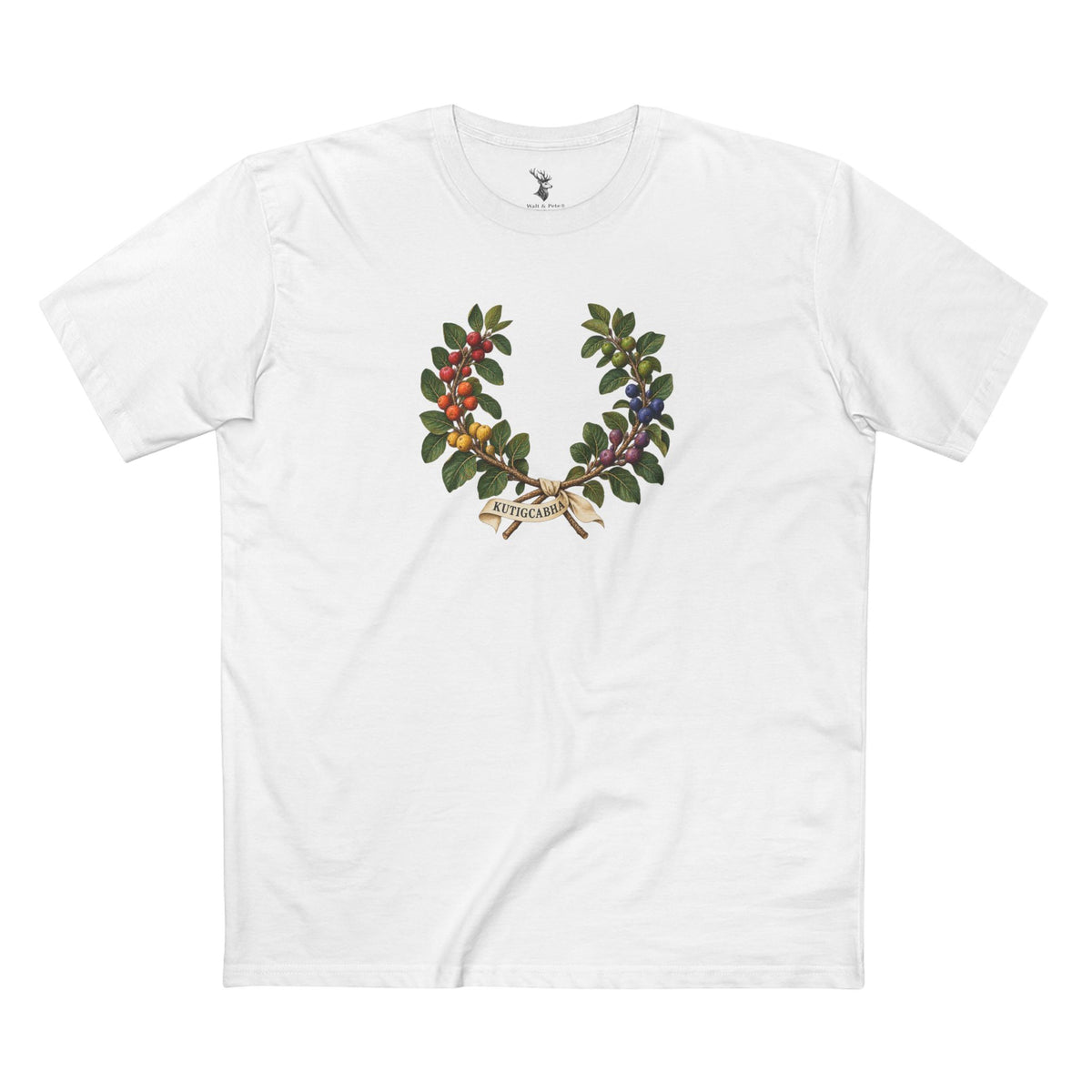 Open wild fig wreath with green leaves, textured crossed branches, figs in six Pride colors, and an ivory ribbon bearing KUTIGCABHA in charcoal lettering.