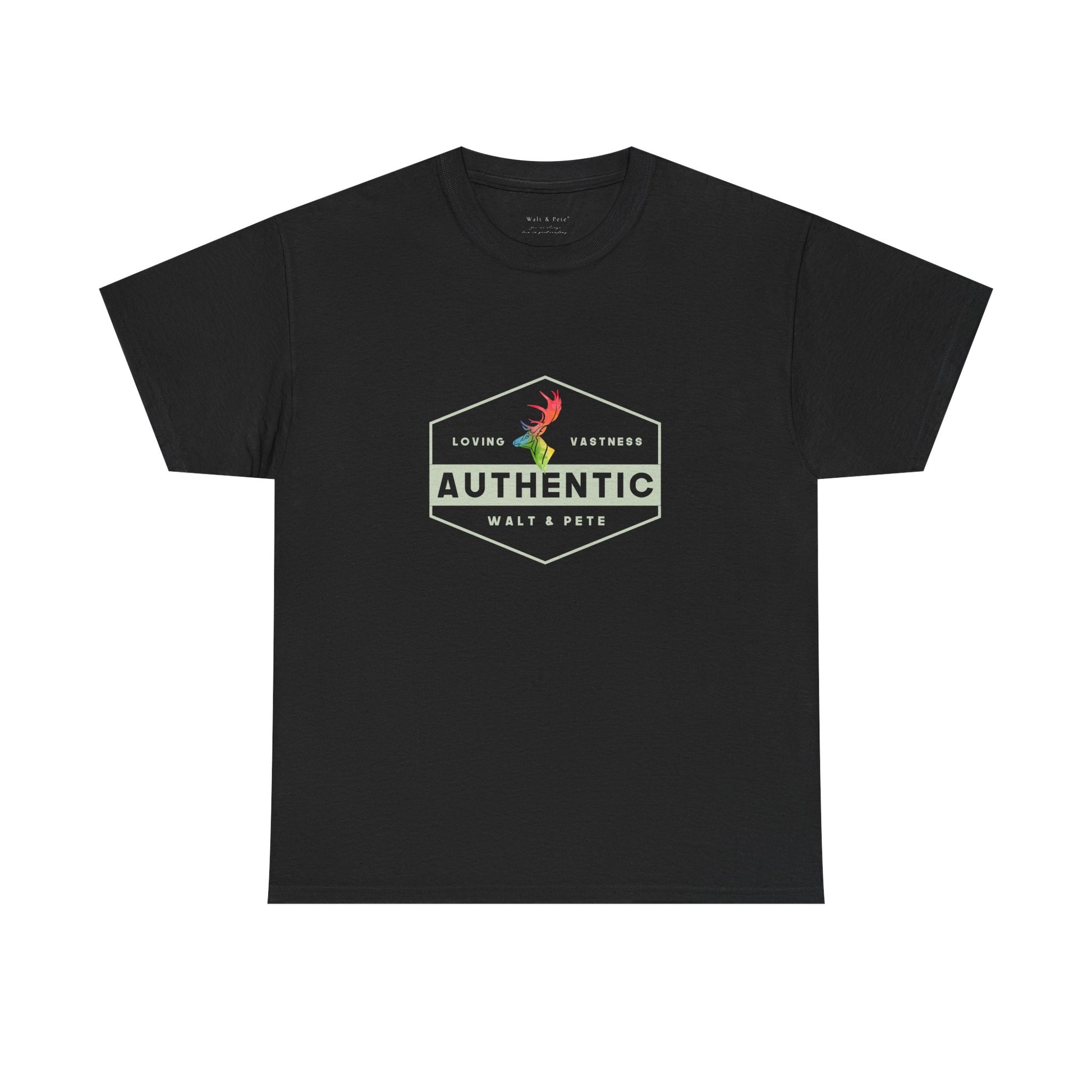unisex LGBTQ+ t-shirt with a hexagonal badge design reading “Authentic” and “Loving & Vastness,” featuring a rainbow antler—symbolizing self-love, queer pride, and emotional depth.