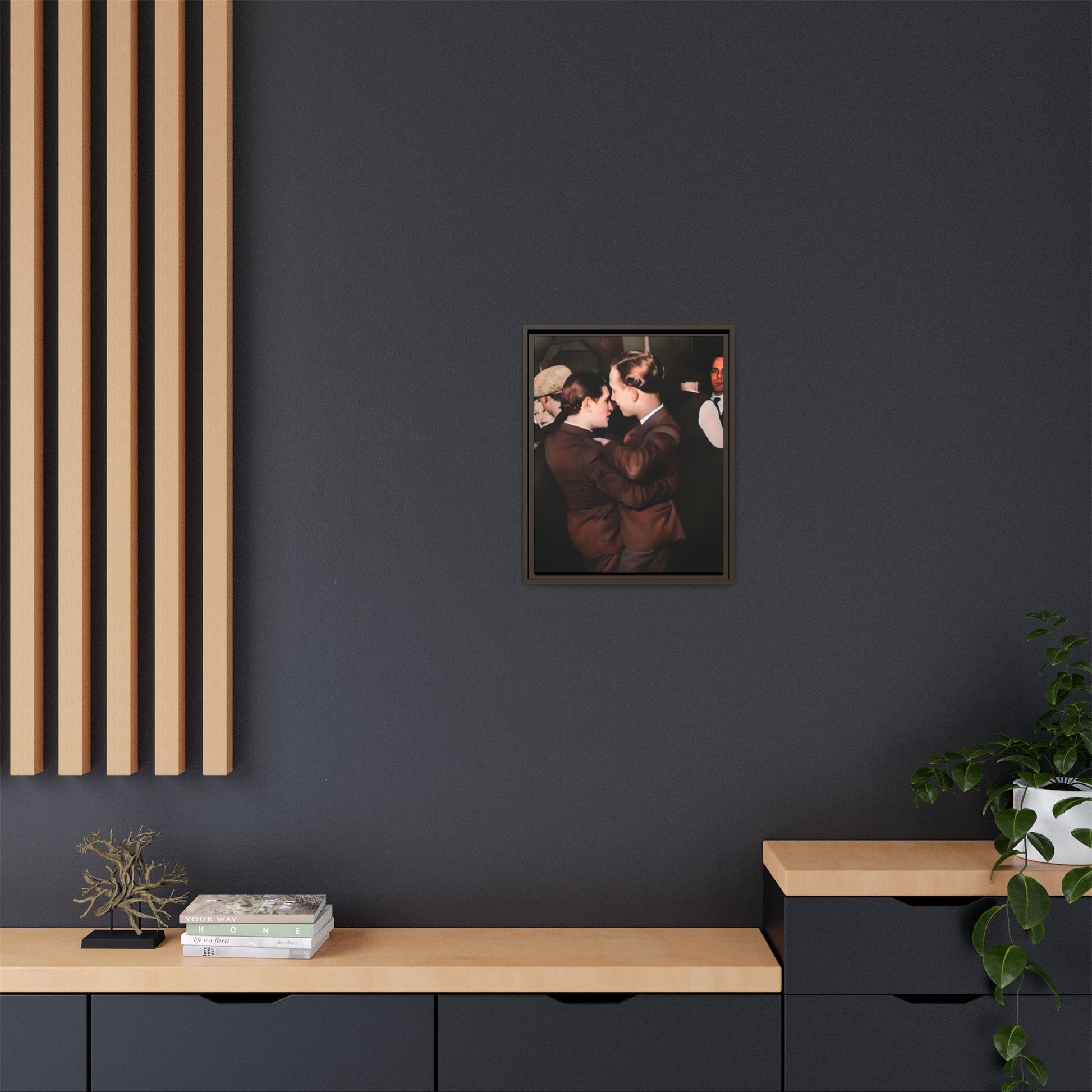 Restored vintage photo of Bernard & Leroy, a gay couple dancing at an elegant gathering in Atlanta GA, framed canvas art.