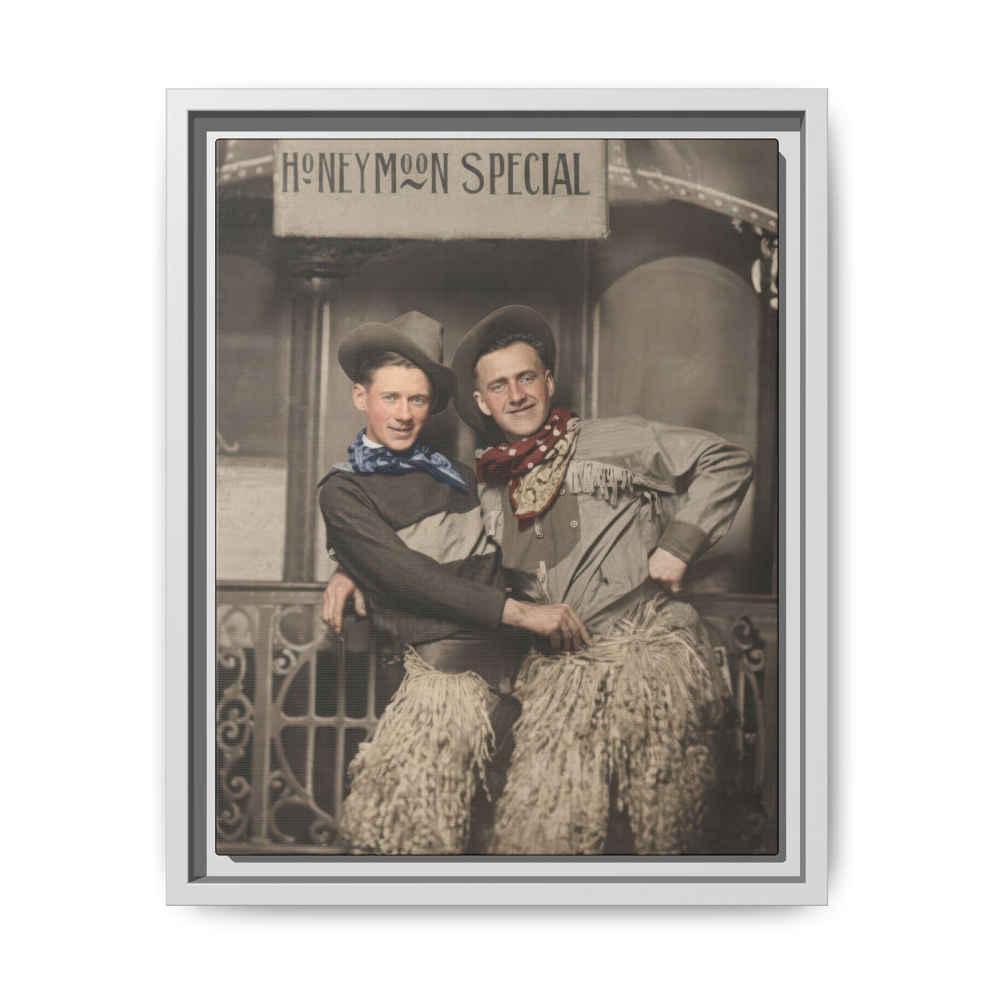 Historical themed portrait framed canvas wall art with Western attire
