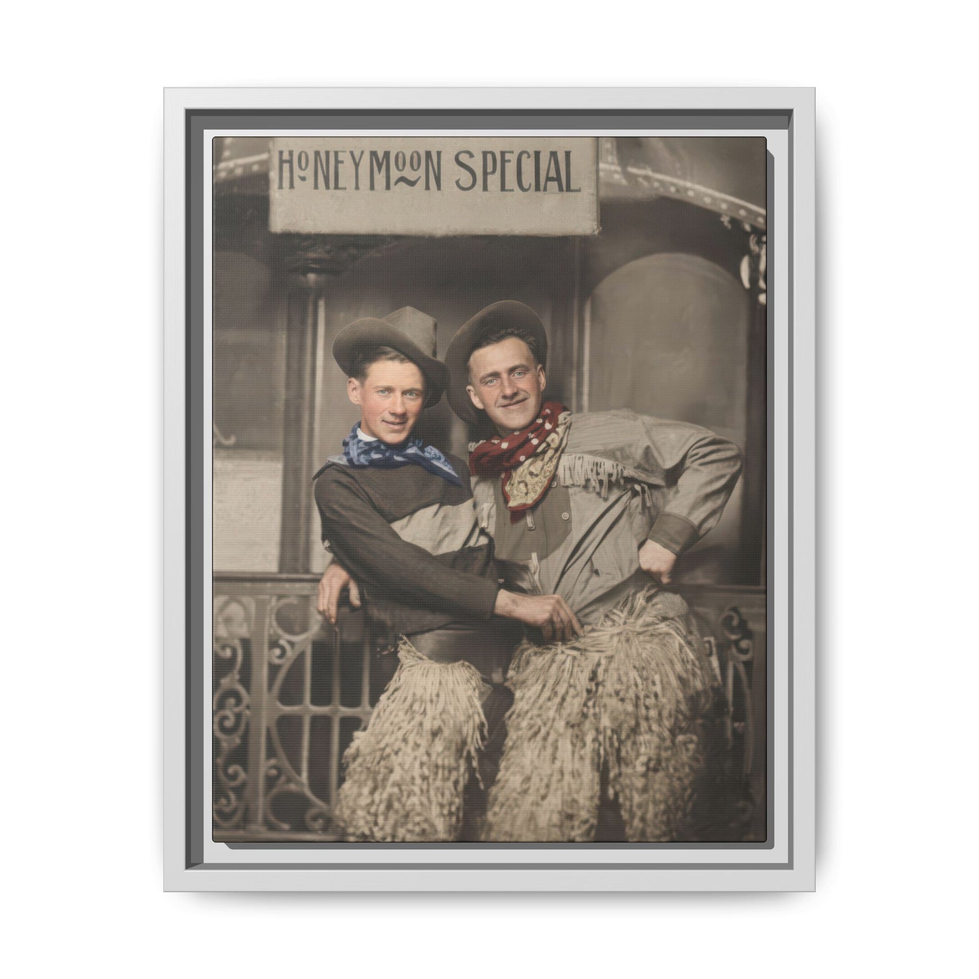 Historical themed portrait framed canvas wall art with Western attire