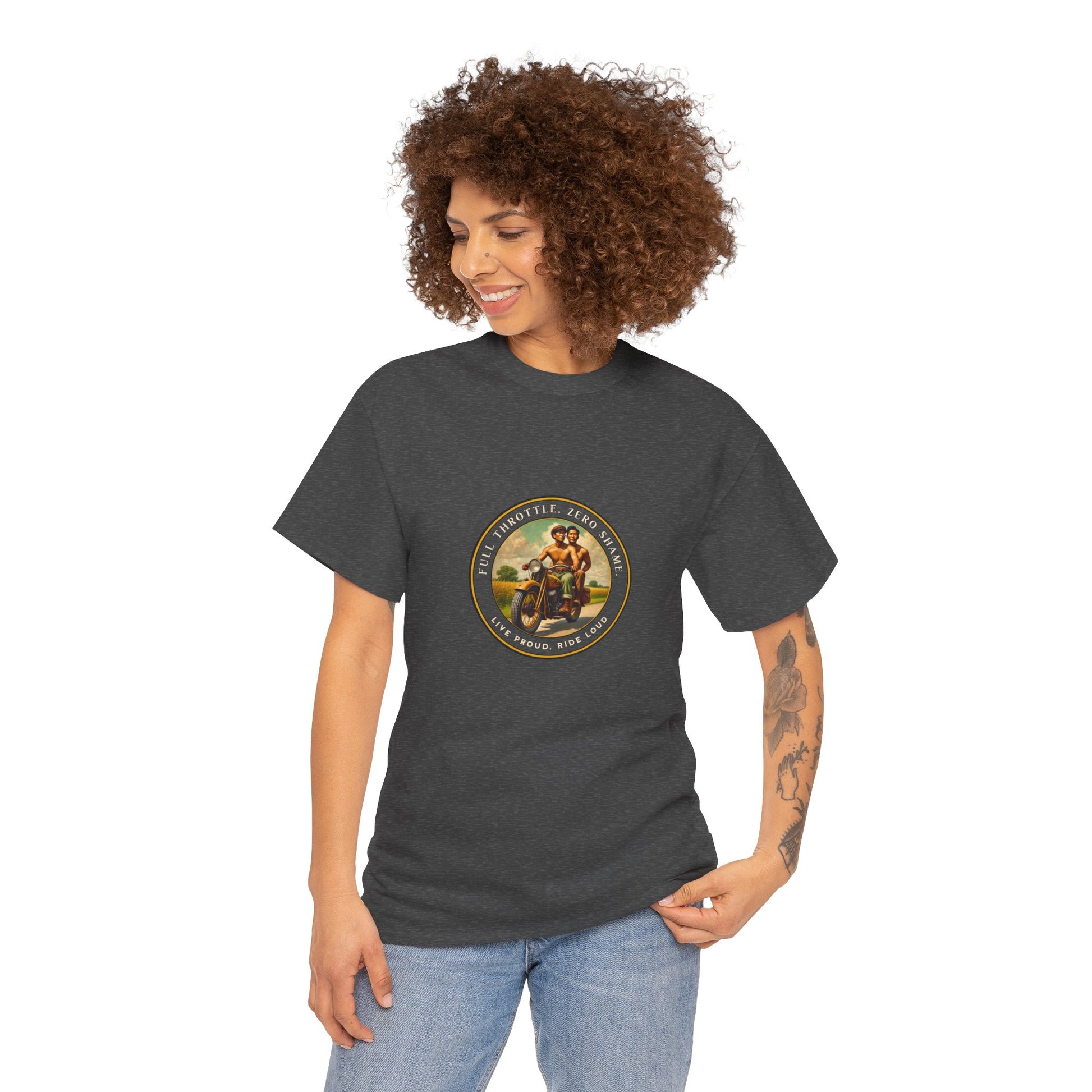  Vintage-inspired LGBTQ+ pride t-shirt featuring a 1930s-style image of two shirtless Asian men riding a motorcycle. With affirmations like “Full Throttle. Zero Shame” and “Live Proud. Ride Loud,” this tee honors queer freedom, Asian pride, and bold love.