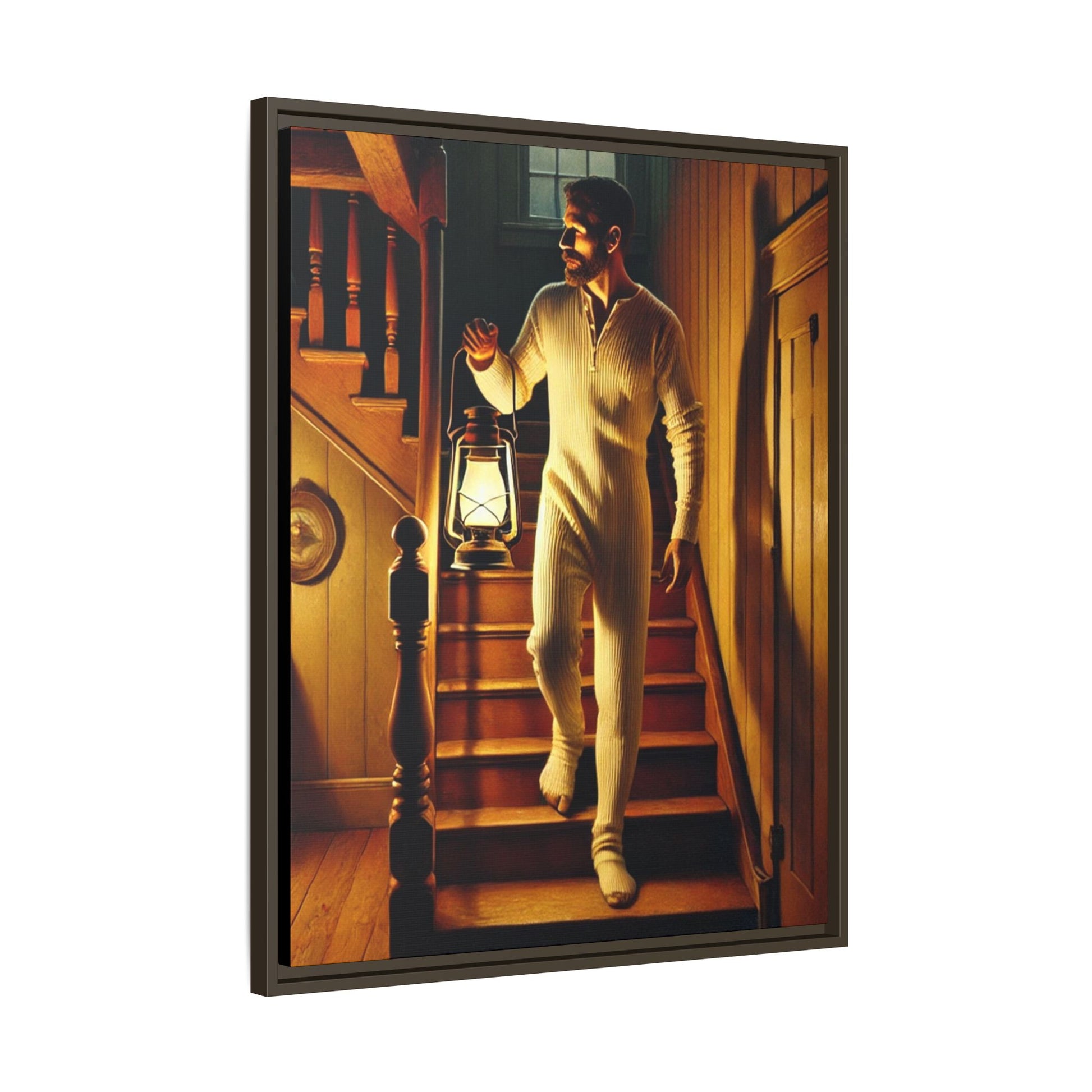 Atmospheric artwork of a man descending wooden stairs with a lantern, inspired by Grant Wood’s rural themes.