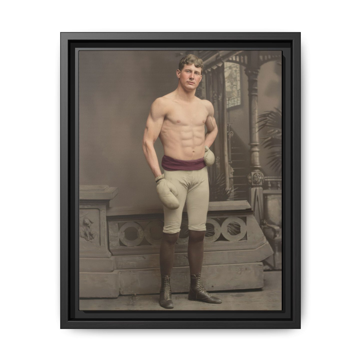 Restored vintage boxer portrait with training gloves and athletic attire framed canvas wall art