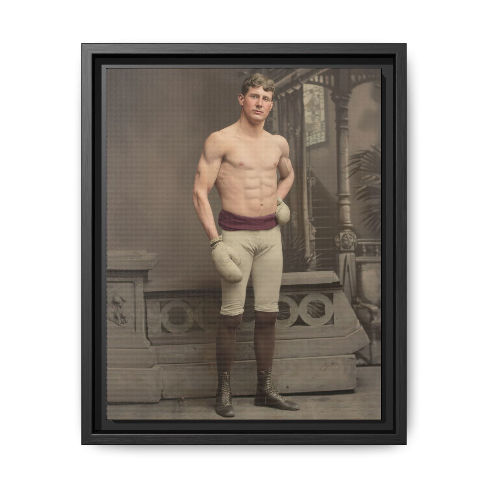 Restored vintage boxer portrait with training gloves and athletic attire framed canvas wall art