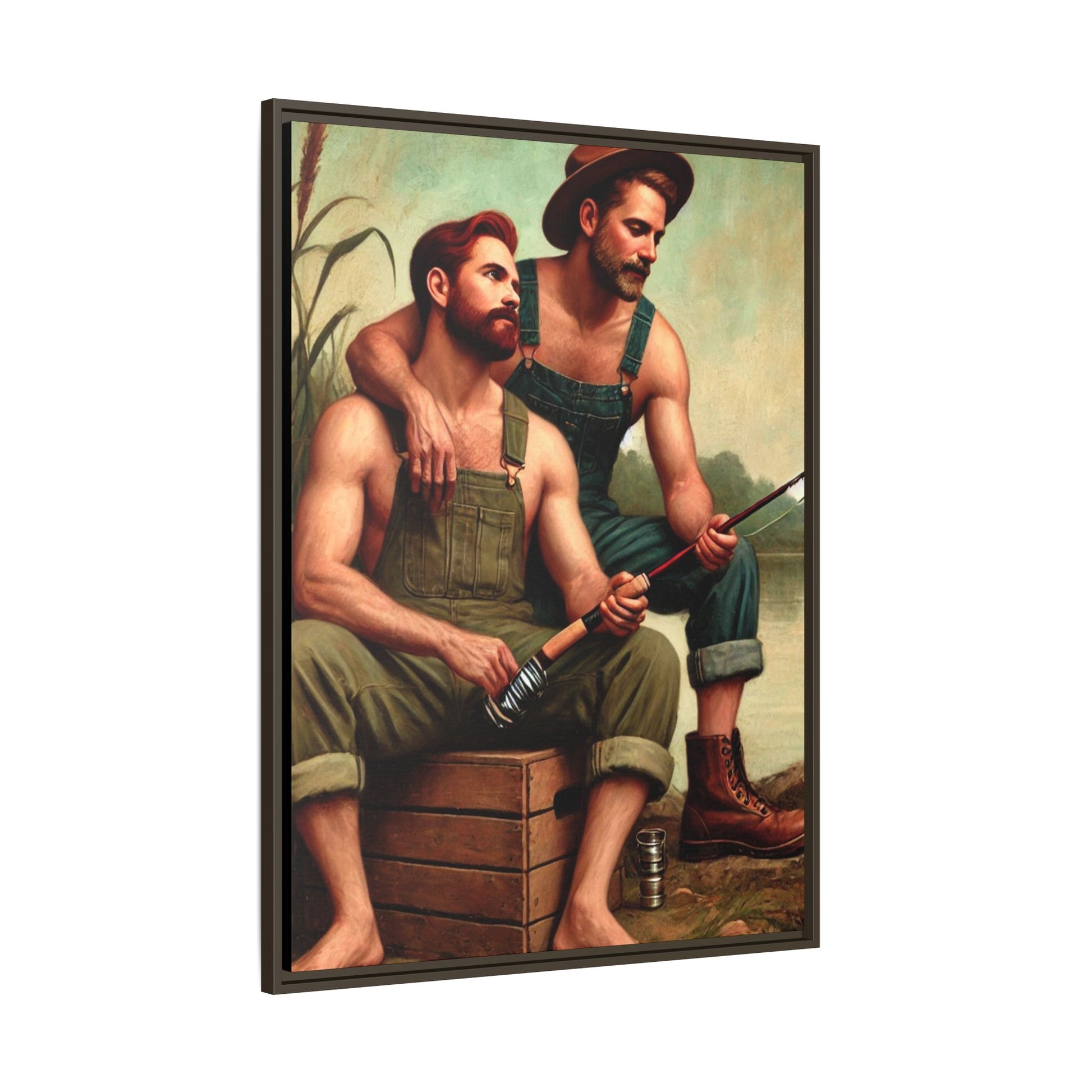 Vintage-style artwork of a gay couple fishing by a tranquil lake in the 1930s, celebrating love and nature.