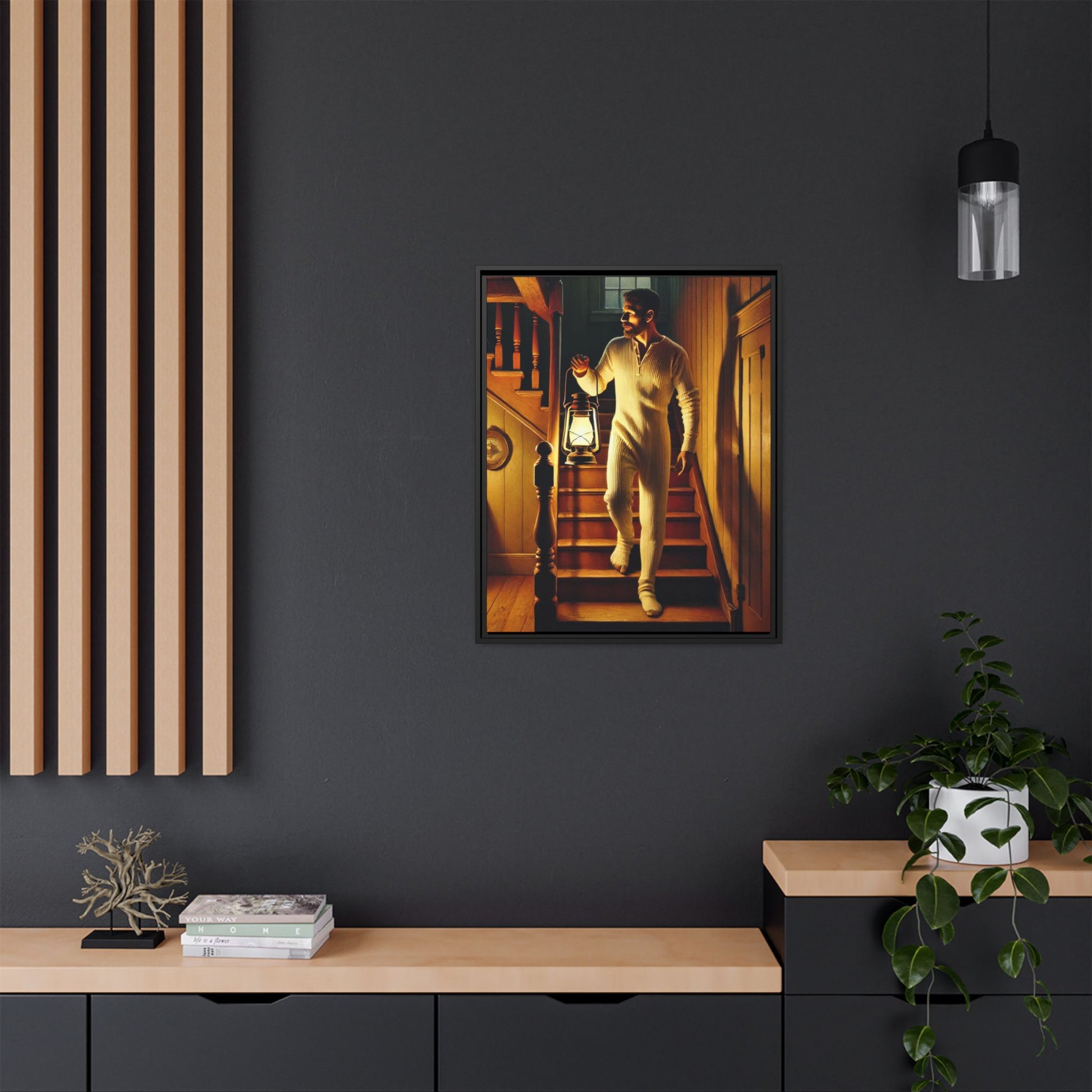 Atmospheric artwork of a man descending wooden stairs with a lantern, inspired by Grant Wood’s rural themes.