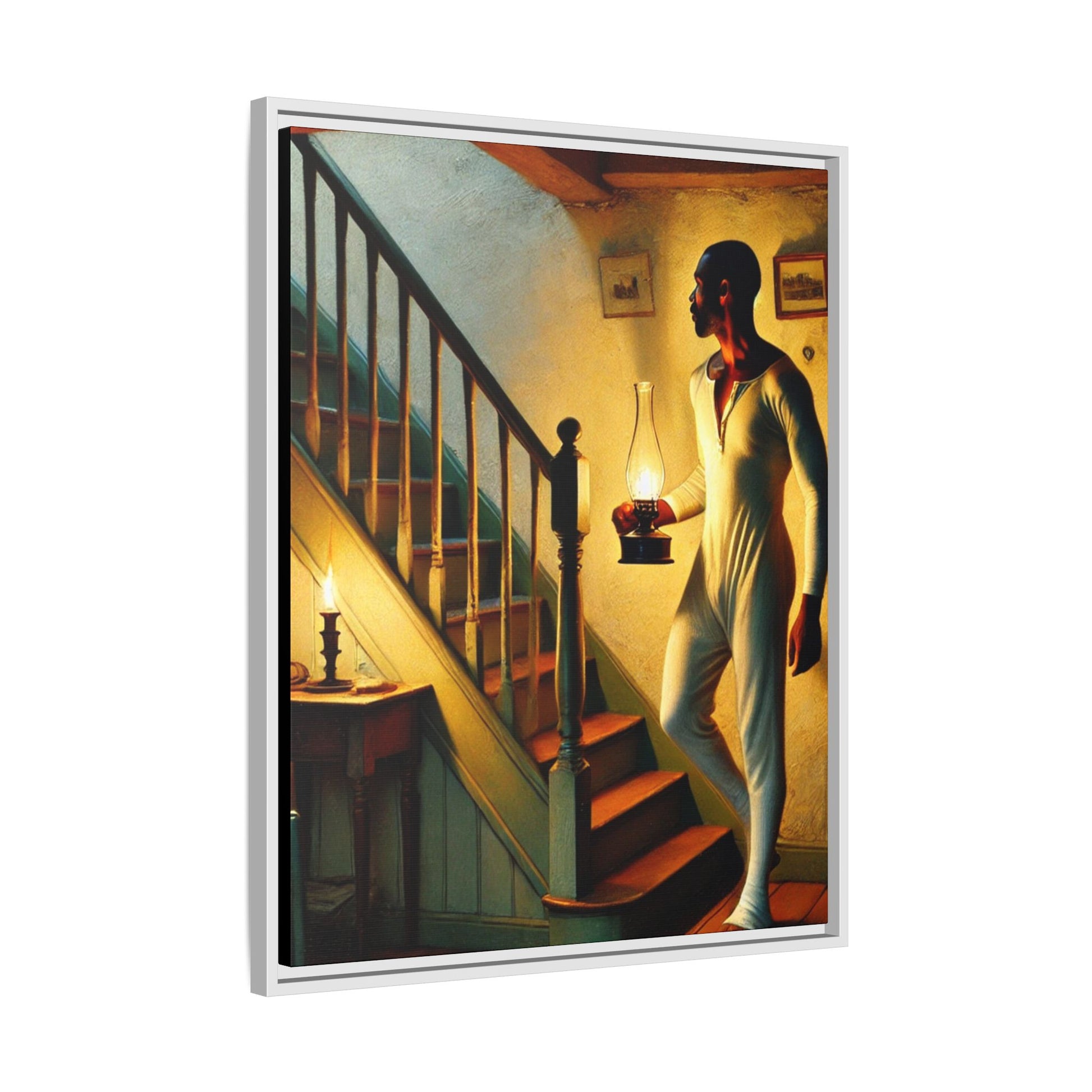 Framed artwork of an African-American man holding a lantern on a staircase, inspired by Grant Wood's style.