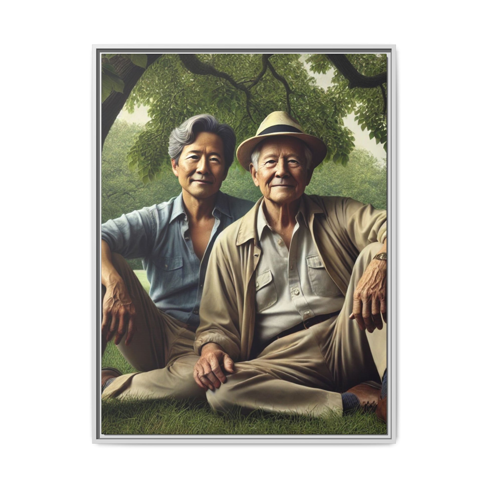 Hyper-realistic painting of an elderly Asian-American gay couple in 1930s attire under a leafy tree, celebrating love and resilience.