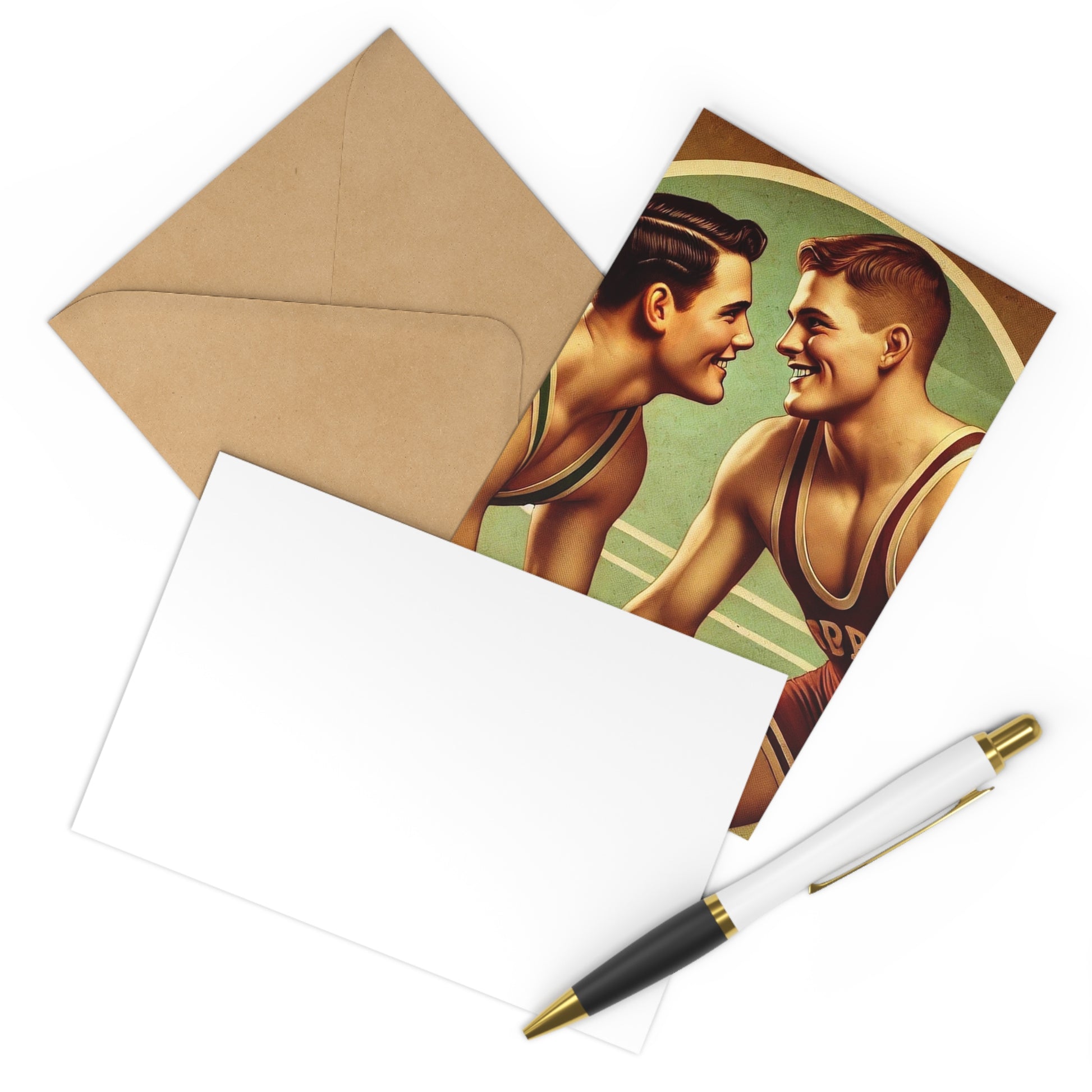 Artistic postcard set featuring a nostalgic scene of vintage wrestlers in a Grant Wood-inspired Americana style.