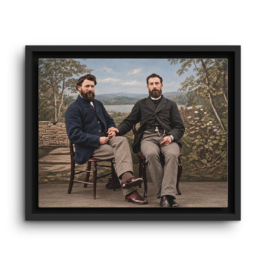 Restored Victorian studio portrait of two bearded men seated together in formal clothing, their hands meeting before a painted landscape backdrop.
