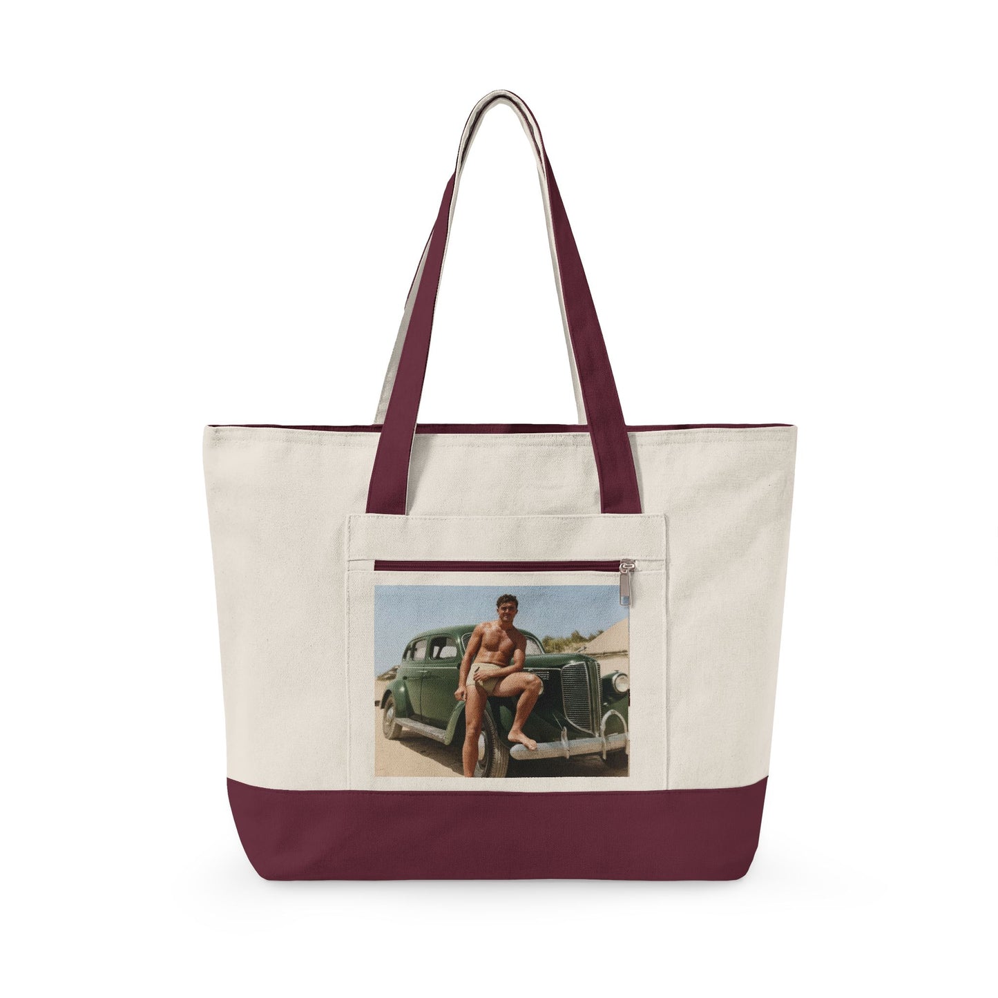 Retro masculinity car scene zippered canvas tote 