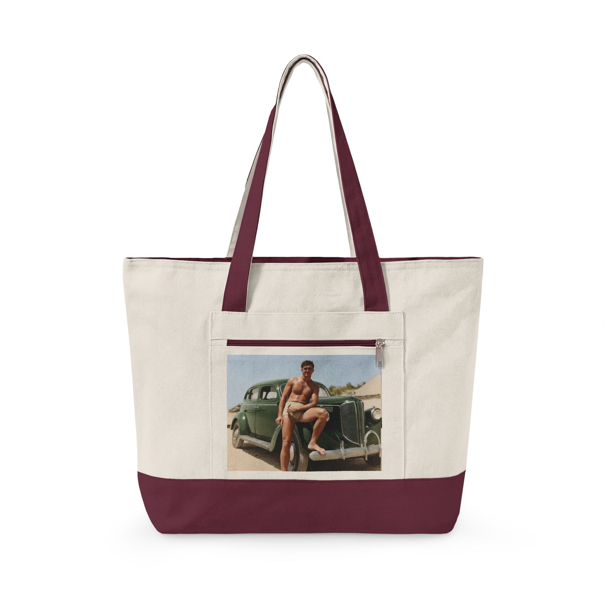 Retro masculinity car scene zippered canvas tote 