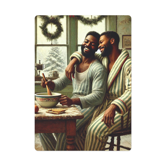 Two African-American husbands celebrating Christmas morning in a cozy kitchen, laughing and baking, surrounded by festive holiday decorations.