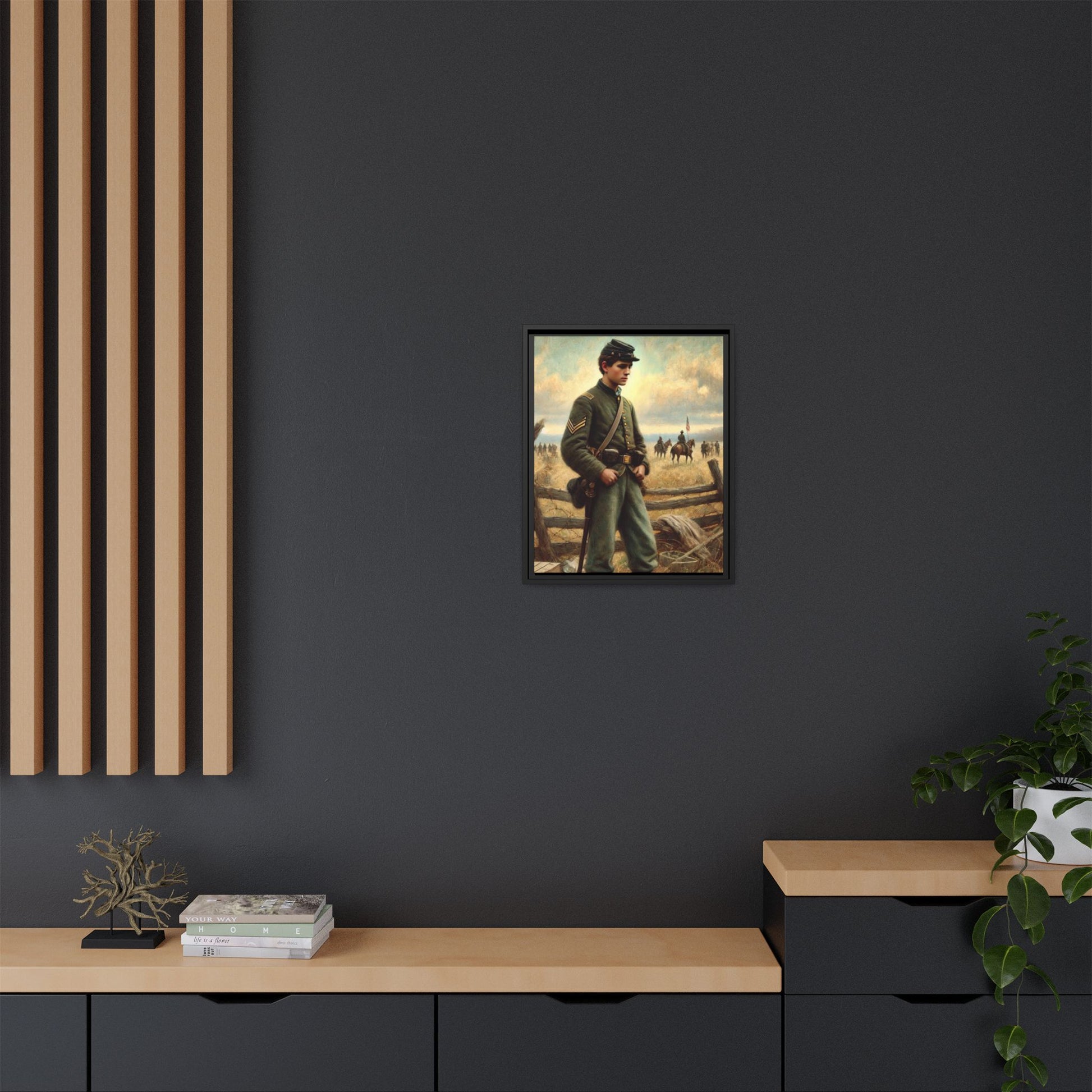 Framed artwork of a young Civil War Union soldier inspired by Walt Whitman’s Drum-Taps poems and Grant Wood's style, depicting battlefield sacrifice, humanity, and historical charm.