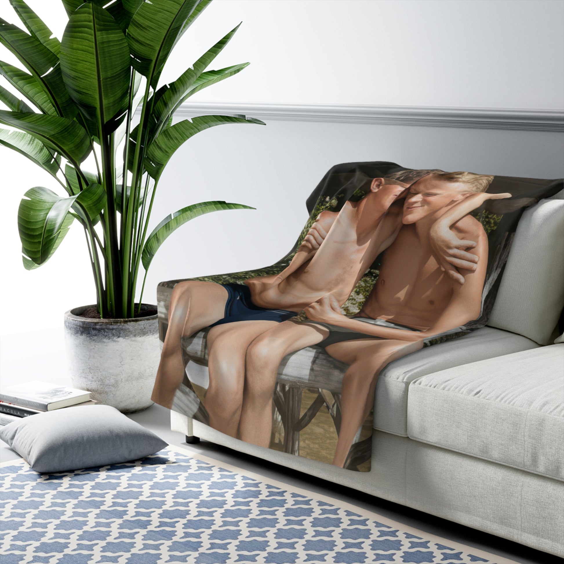 Nautical beach portrait blanket with two early 20th-century lifeguards and rowboat 