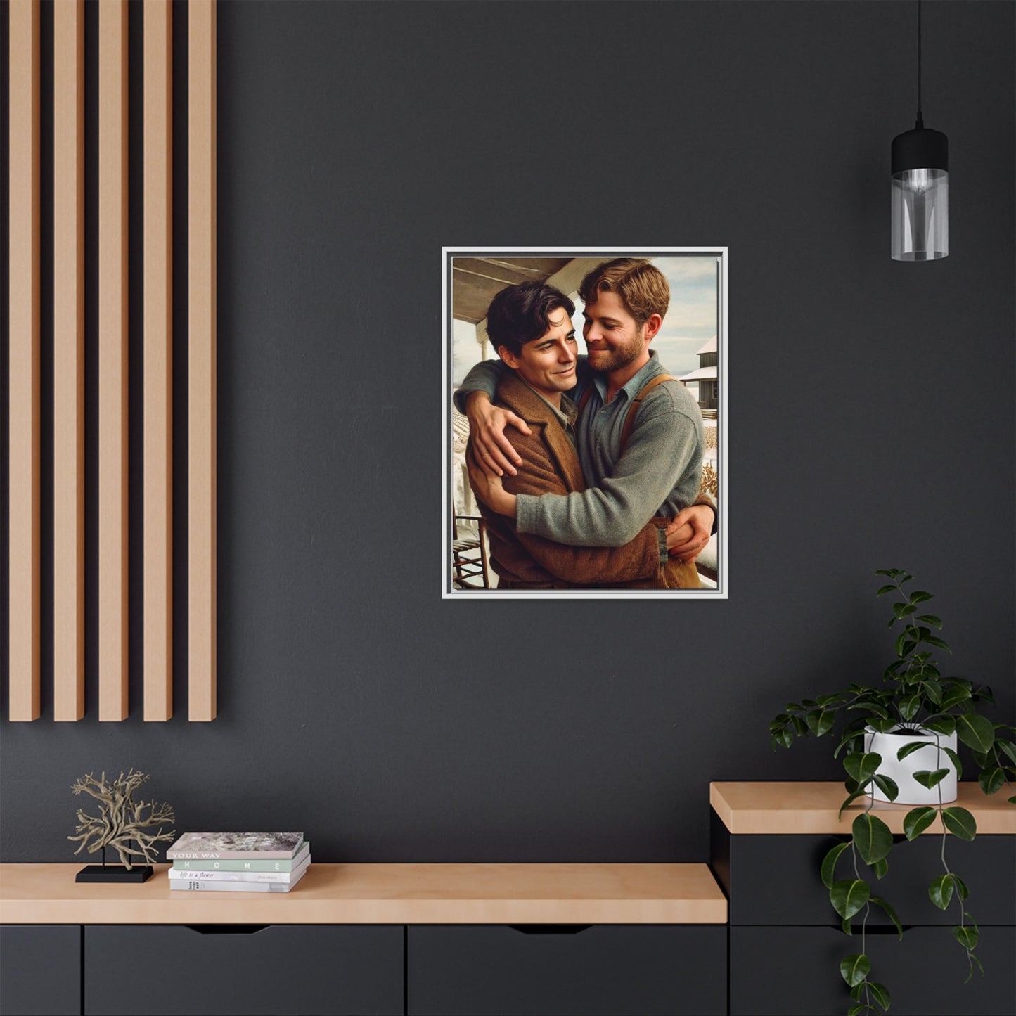 Artwork of a tender moment between two men embracing on a rustic farm porch in 1930s-style clothing. Set against a snowy, vintage rural backdrop, this image captures LGBTQ+ love and connection with a nostalgic Americana feel