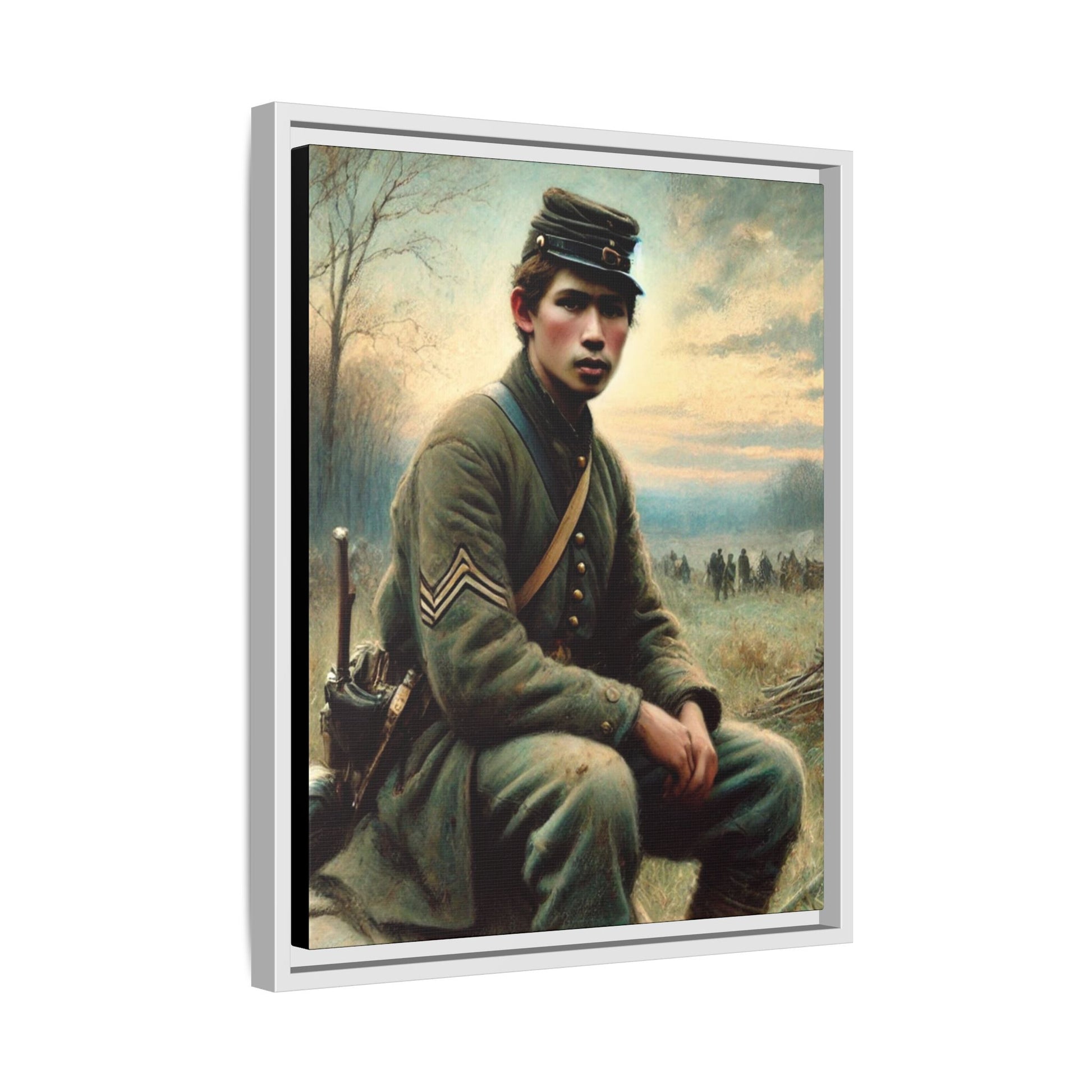 Framed artwork of a Civil War Union soldier inspired by Walt Whitman’s Leaves of Grass and Drum-Taps, depicting themes of sacrifice, strength, and vulnerability amidst a 19th-century battlefield.