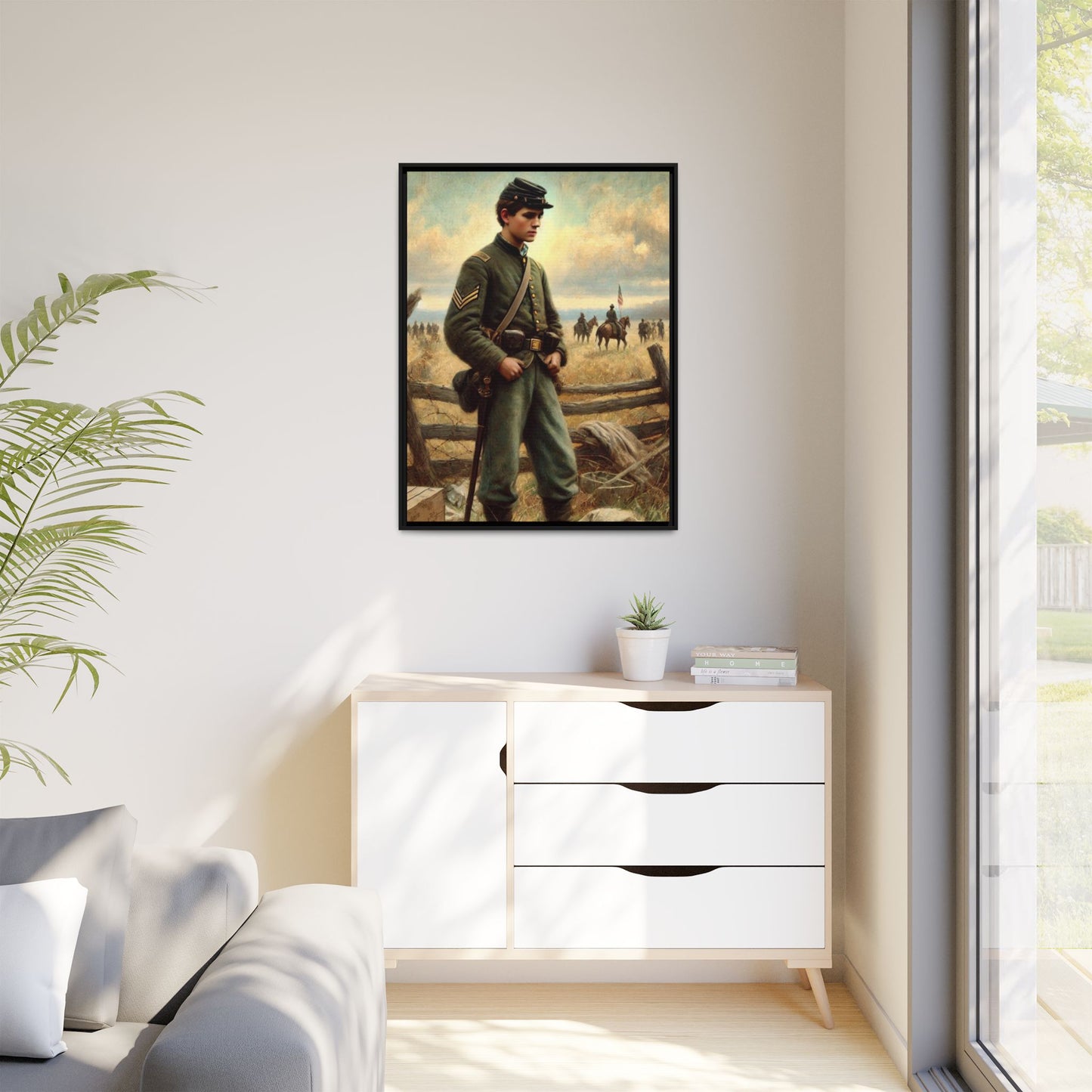 Framed artwork of a young Civil War Union soldier inspired by Walt Whitman’s Drum-Taps poems and Grant Wood's style, depicting battlefield sacrifice, humanity, and historical charm.