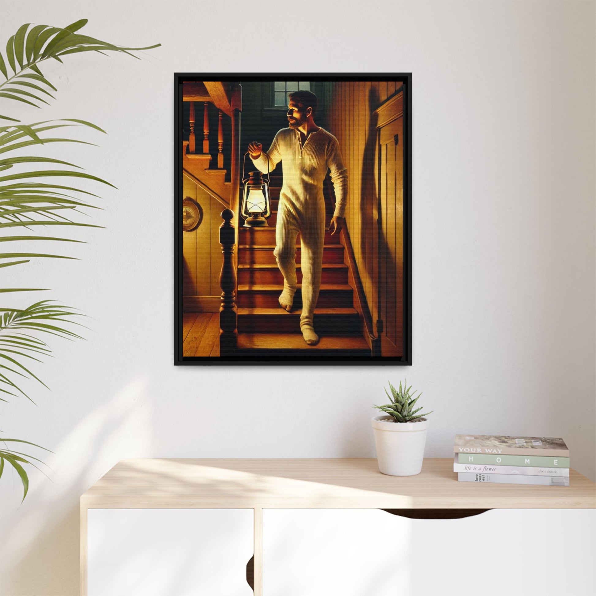 Atmospheric artwork of a man descending wooden stairs with a lantern, inspired by Grant Wood’s rural themes.