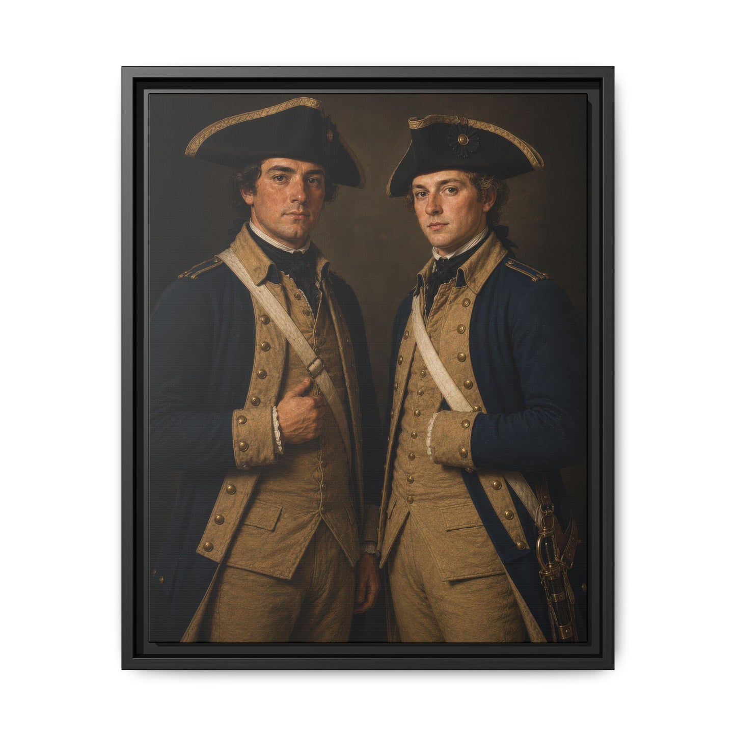 Museum-inspired portrait of two Continental Army soldiers in blue uniforms, Revolutionary War framed matte canvas by Walt & Pete®.