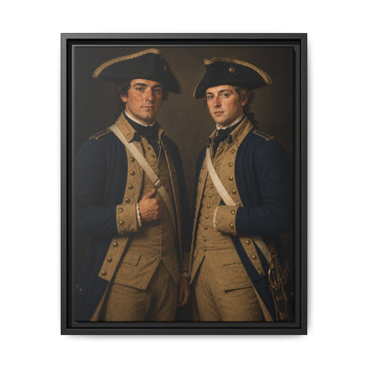 Museum-inspired portrait of two Continental Army soldiers in blue uniforms, Revolutionary War framed matte canvas by Walt & Pete®.