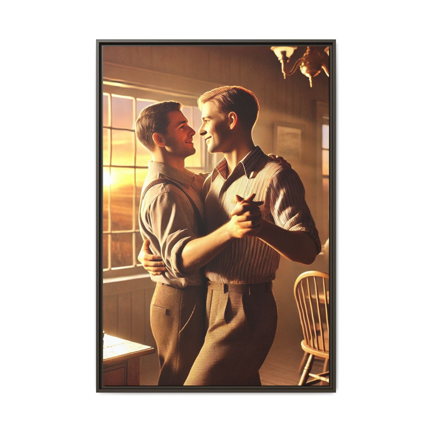 Art of a gay couple dancing in a sunlit dining room, inspired by Grant Wood’s Americana style and celebrating love.