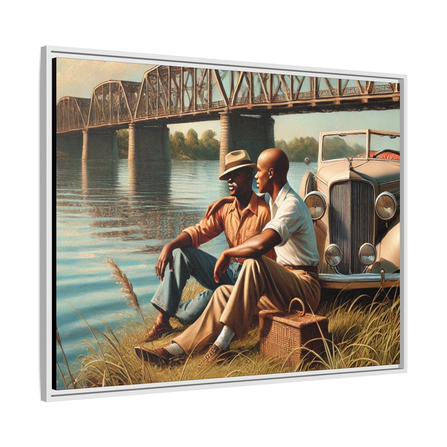 Vintage-style painting of an African-American gay couple in the 1930s by the Mississippi River with a Packard car, celebrating love and resilience.