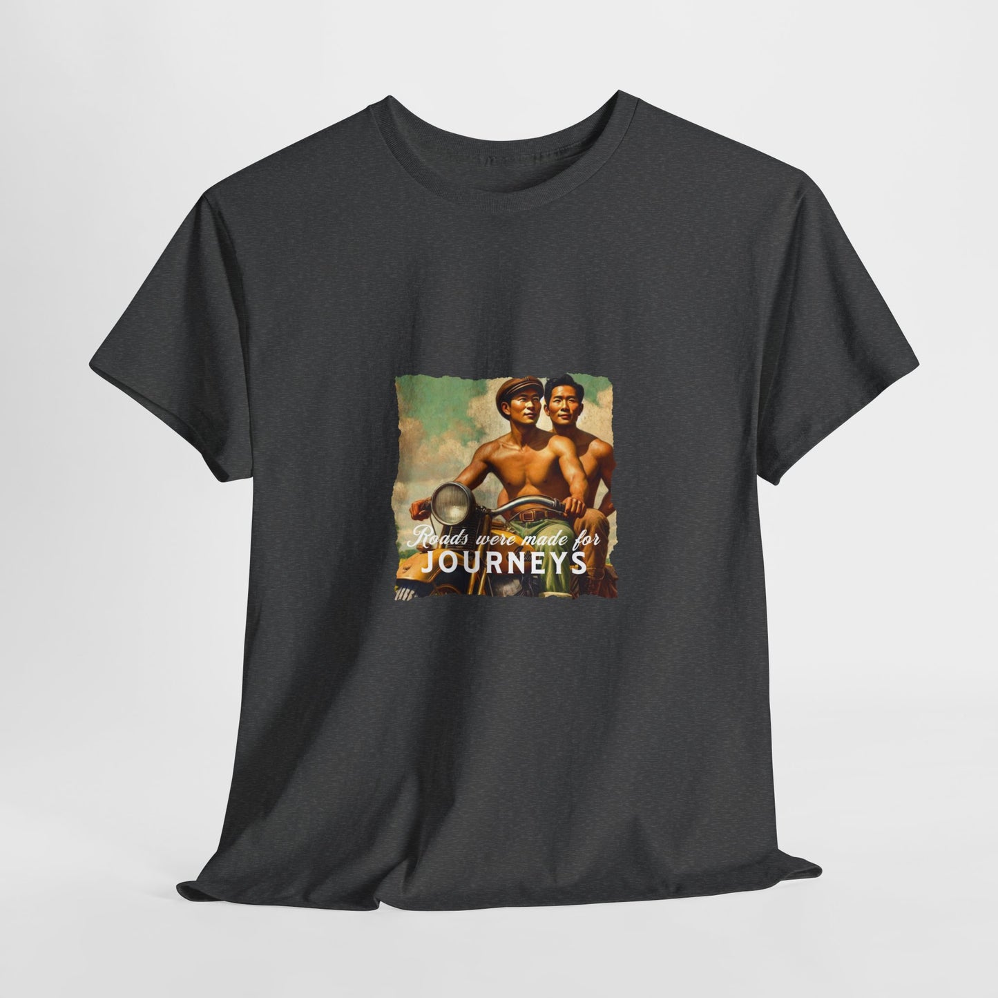 Vintage Grant Wood inspired t-shirt featuring a 1930s gay Asian-American couple with a motorcycle, celebrating love, history, and freedom