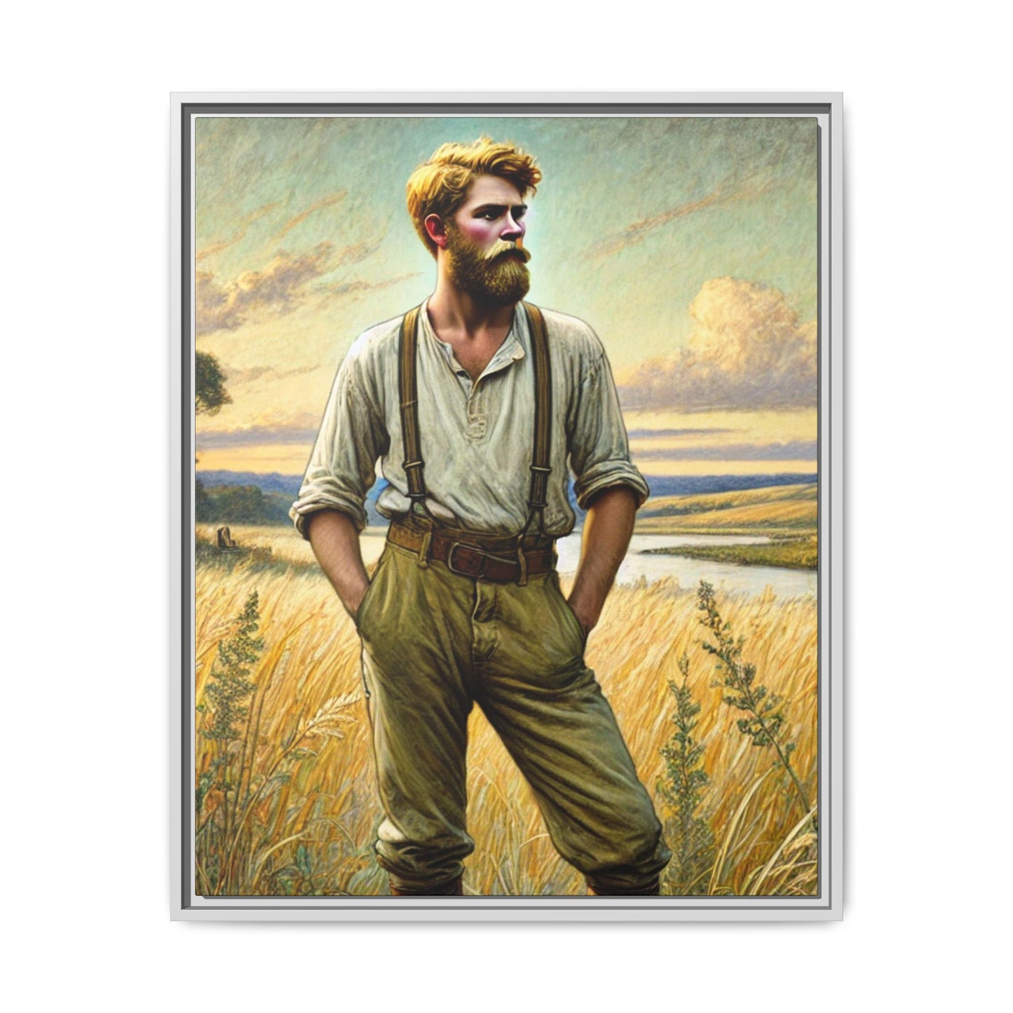 Framed artwork of a confident farmer in 19th-century attire, standing in a golden wheat field, inspired by Walt Whitman’s Song of Myself in Leaves of Grass.