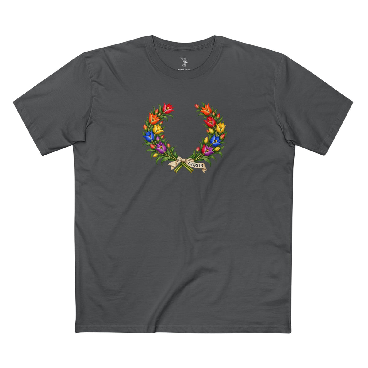 Turkish tulip laurel wreath with red, orange, yellow, blue, and violet flowers, sweeping green leaves, and an ivory ribbon reading GURUR.
