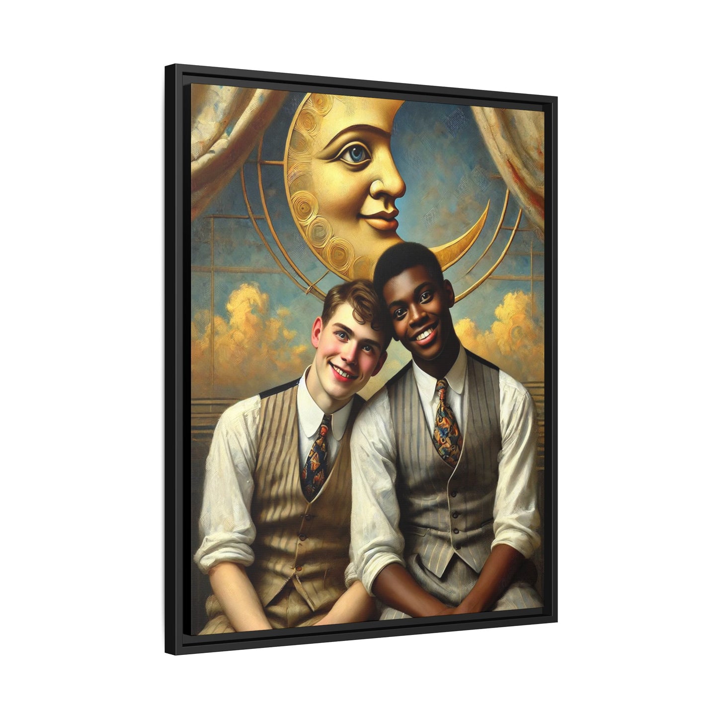 A vintage-style artwork showing a young interracial gay couple in 1920s attire sitting beneath a golden crescent moon with a serene expression. Their joyful closeness reclaims erased queer history and reflects the beauty of interracial love through a lens of tenderness and celebration.