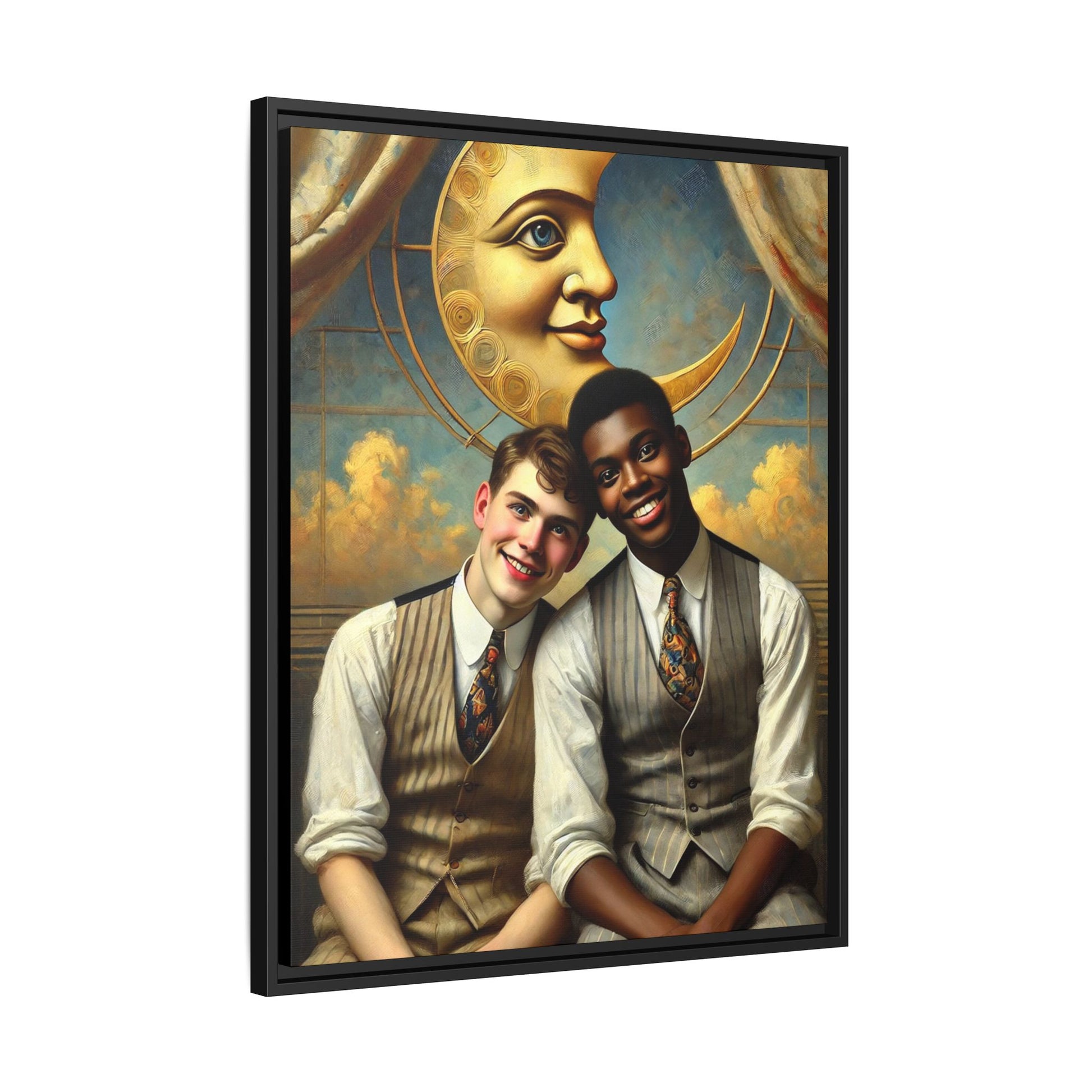 A vintage-style artwork showing a young interracial gay couple in 1920s attire sitting beneath a golden crescent moon with a serene expression. Their joyful closeness reclaims erased queer history and reflects the beauty of interracial love through a lens of tenderness and celebration.