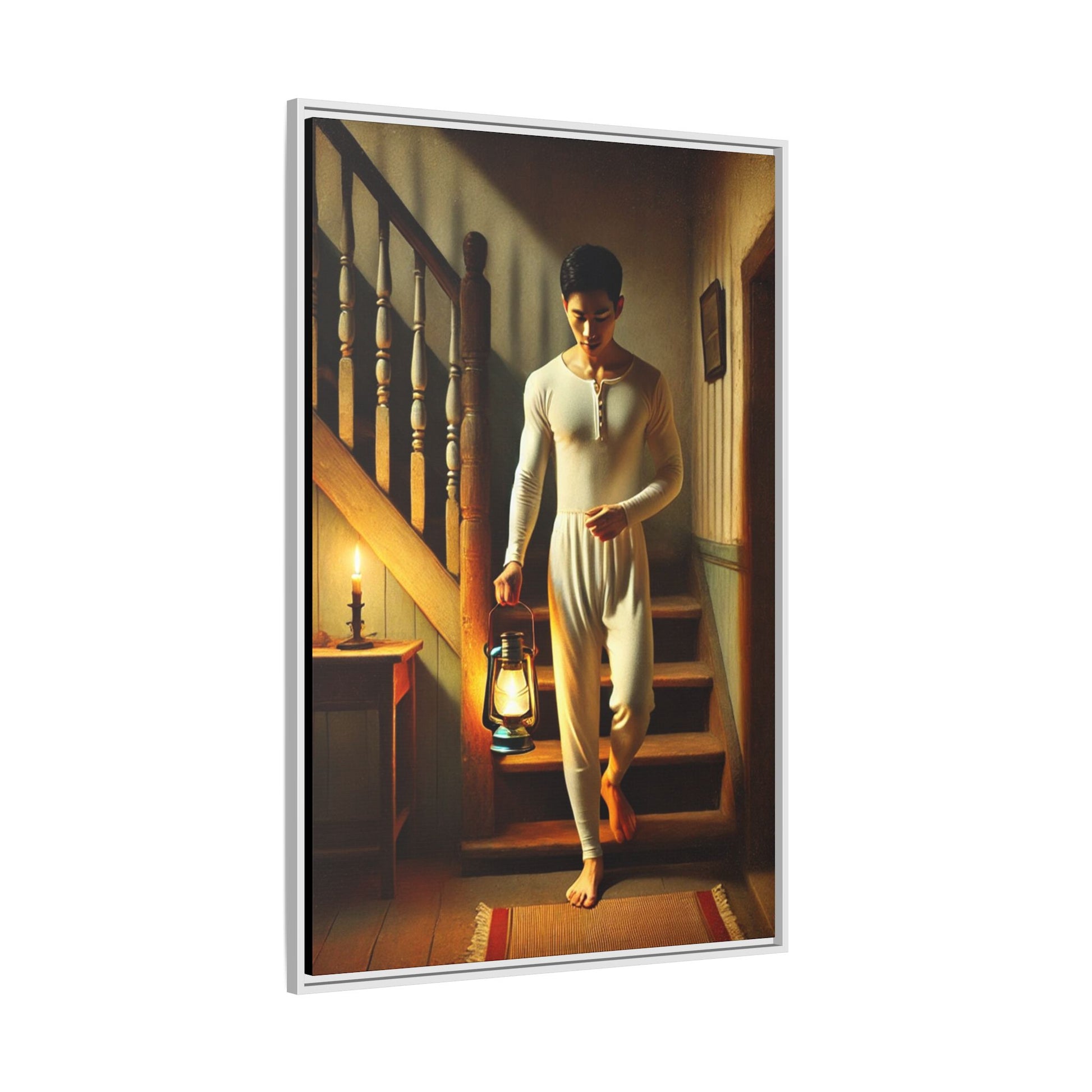 Framed artwork of an Asian-American man wearing long johns underwear holding a lantern on a staircase, inspired by Grant Wood’s style.