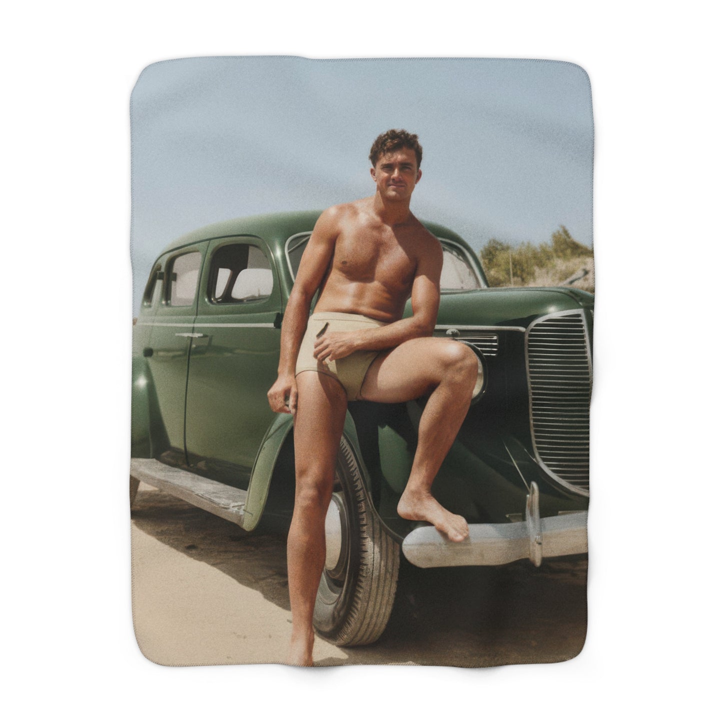 Man seated on vintage car at beach 1930s restored photo 