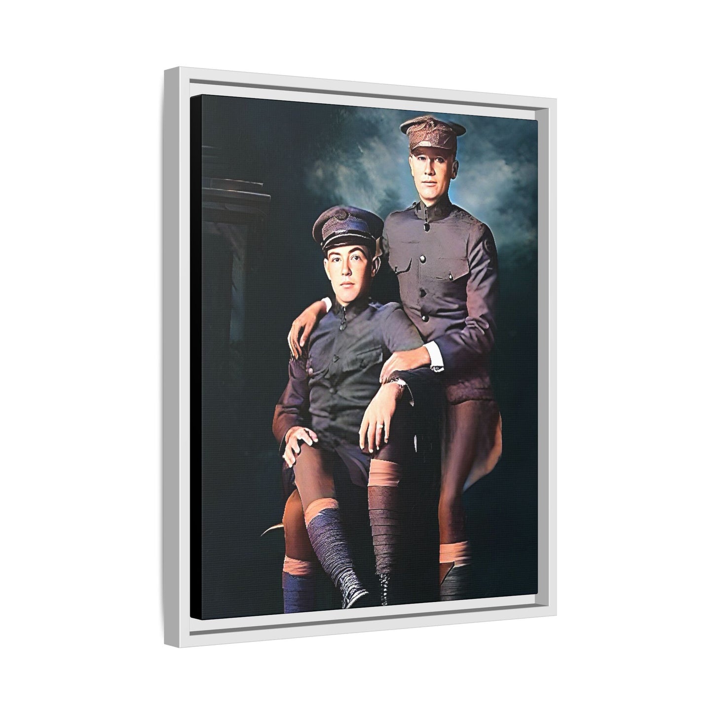 Restored WWI-era photo of Frederick & Hugh, gay soldiers seated together in Providence, Rhode Island, framed canvas art.