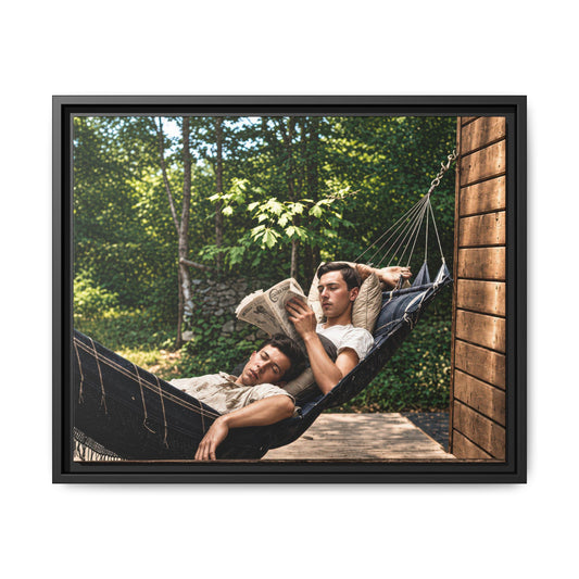 Historical double portrait of two men resting in a suspended hammock, one with his eyes closed while his companion reads a newspaper.