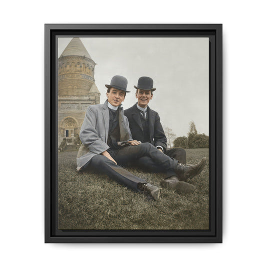 Early 20th-century outdoor double portrait framed canvas wall art with two men seated before a large stone building