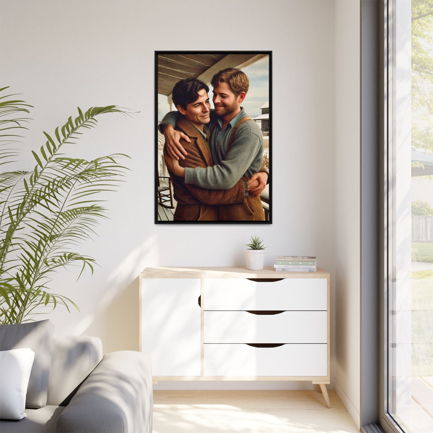 Artwork of a tender moment between two men embracing on a rustic farm porch in 1930s-style clothing. Set against a snowy, vintage rural backdrop, this image captures LGBTQ+ love and connection with a nostalgic Americana feel