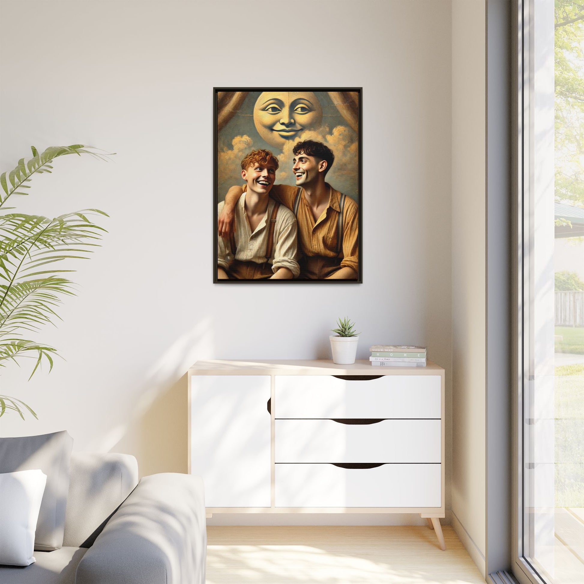 Queer artwork of two joyful young men dressed in vintage clothing with rolled sleeves and suspenders, laughing under a large moon prop in a dreamy studio scene. A celebration of love and resilience reclaimed from forgotten queer histories.