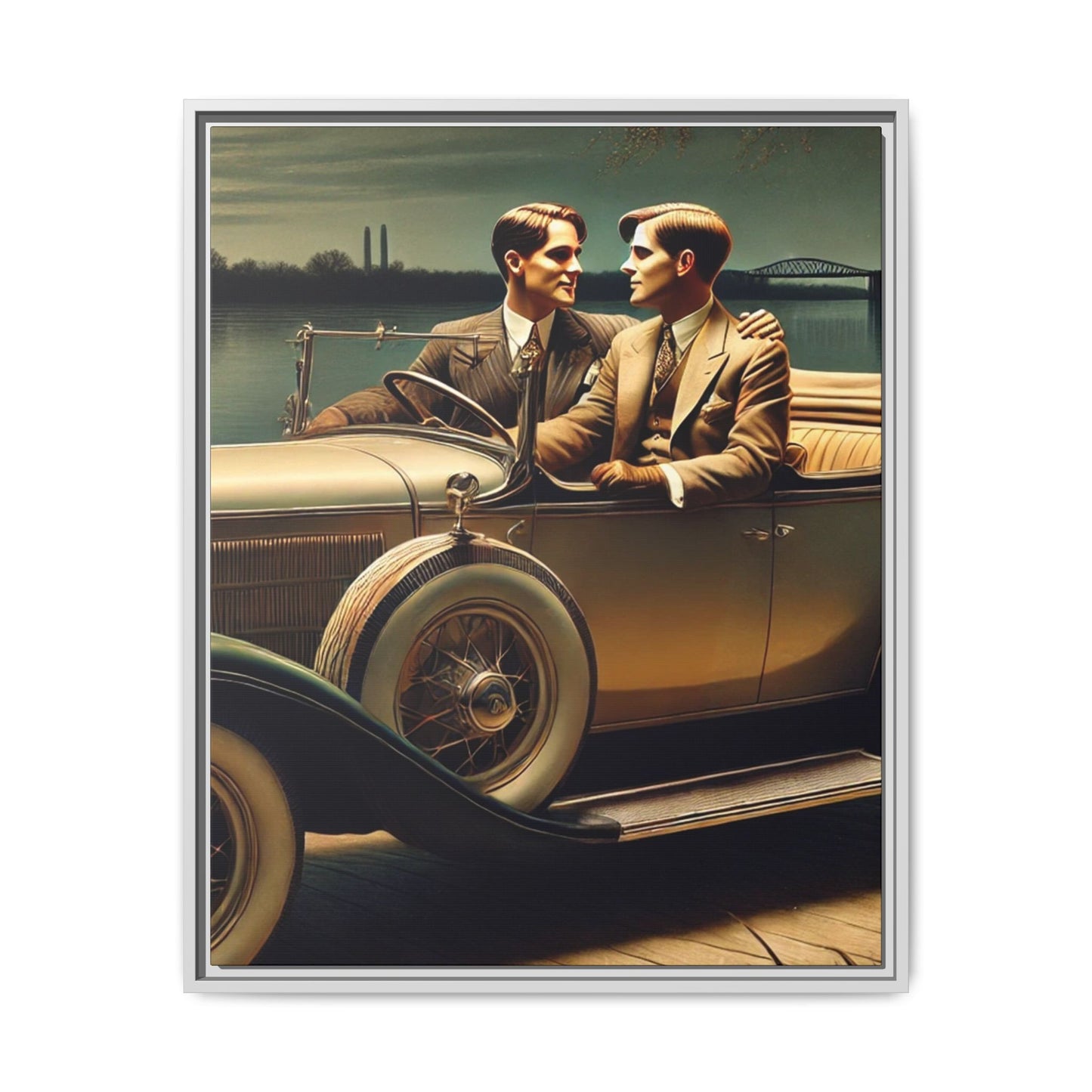 Vintage-style artwork of a gay couple in a 1930 Packard car by the Mississippi River under moonlight, celebrating love and history.