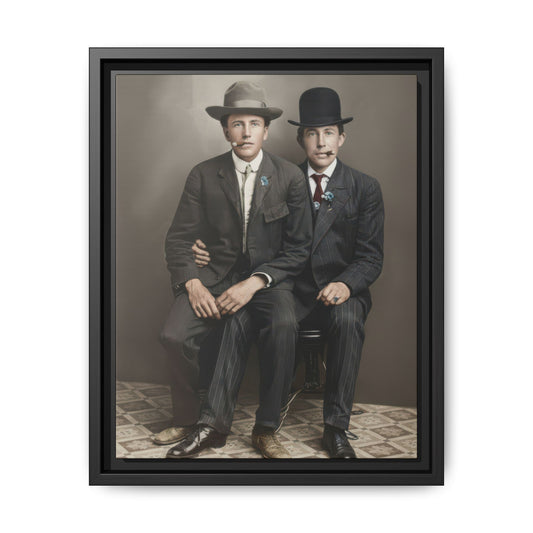 Vintage double portrait of two seated men in dark suits and hats with cigars in a studio setting